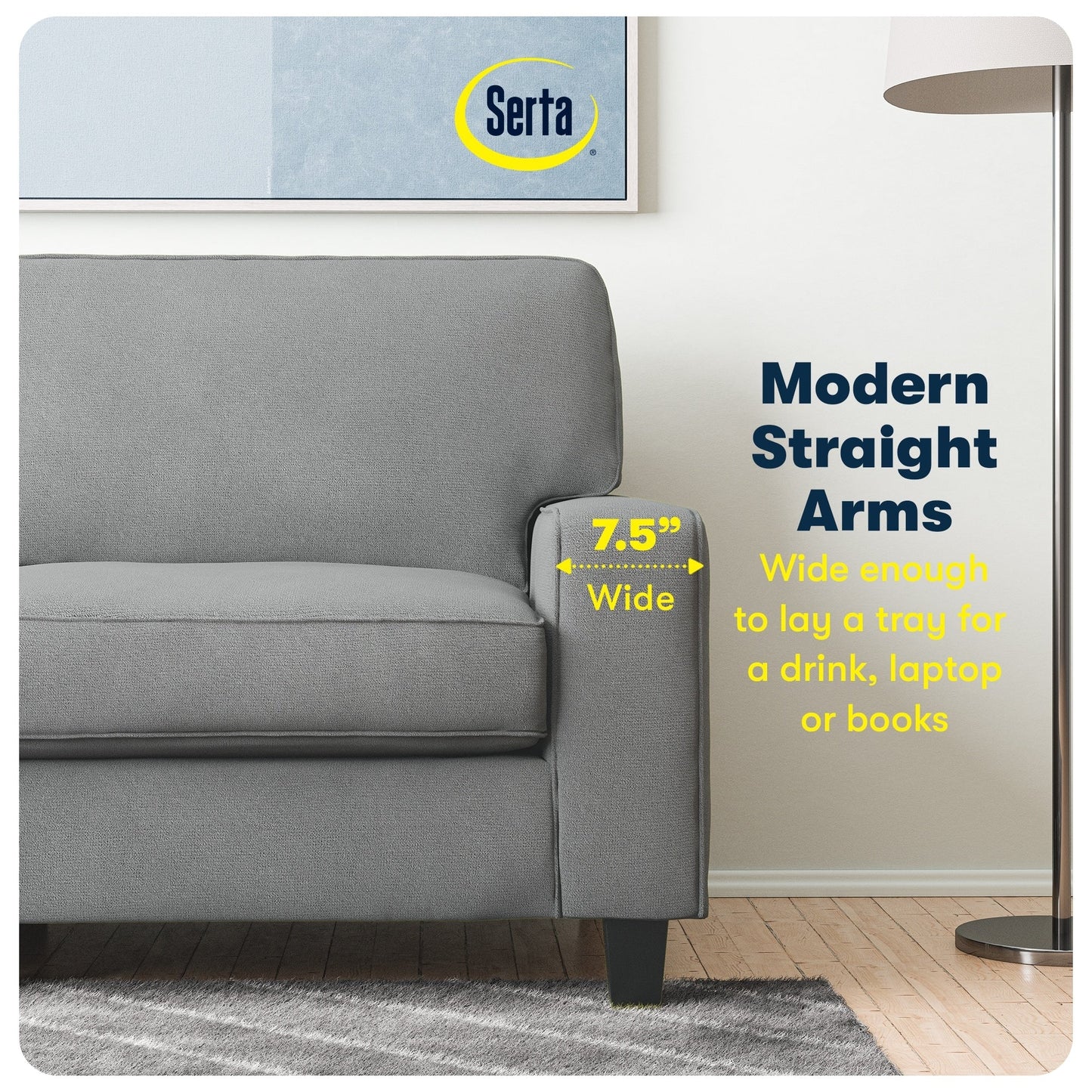 Canapé Serta Palisades 73 à accoudoirs droits, polyester facile d'entretien, dossier moelleux et coussins d'assise à ressorts ensachés