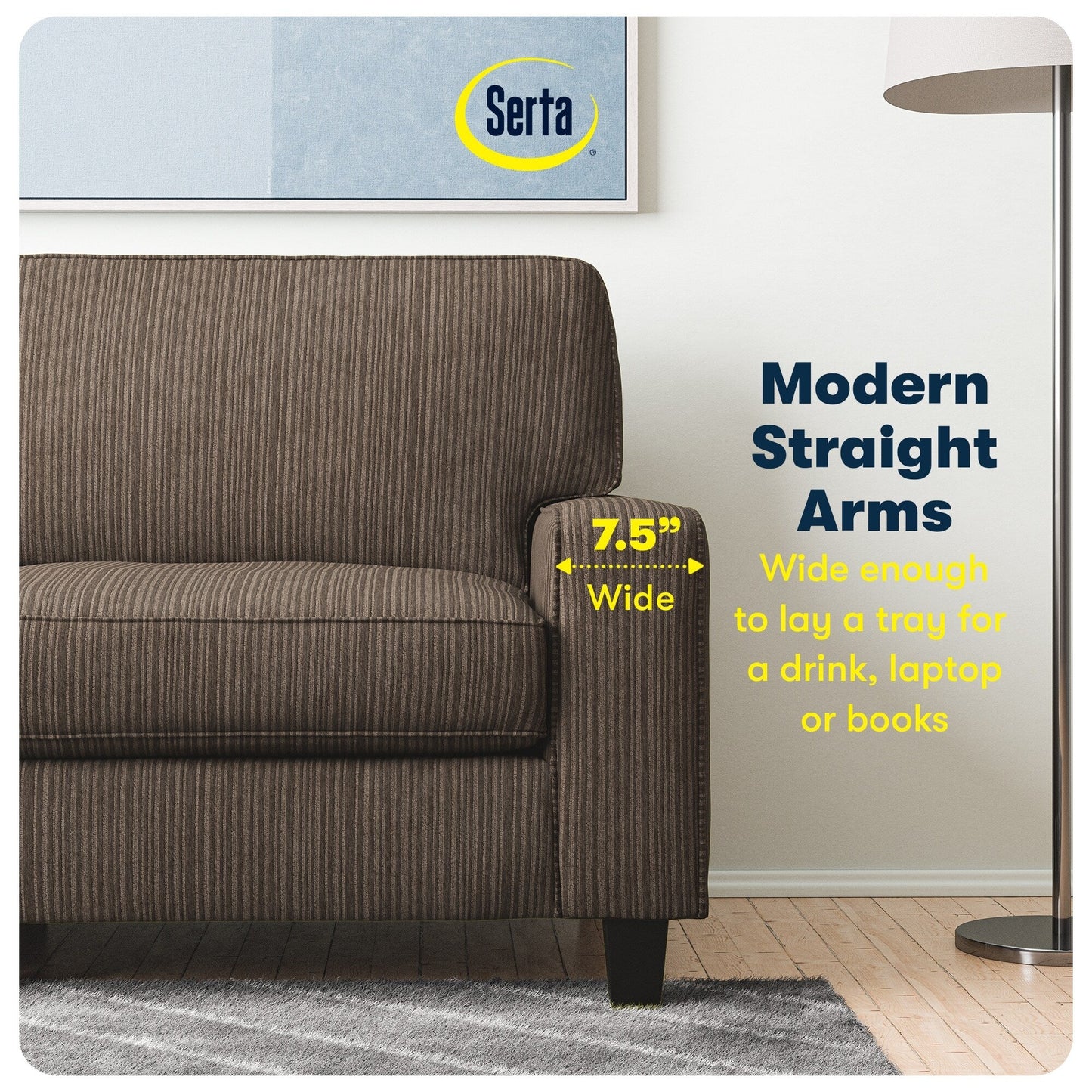 Canapé Serta Palisades 73 à accoudoirs droits, polyester facile d'entretien, dossier moelleux et coussins d'assise à ressorts ensachés
