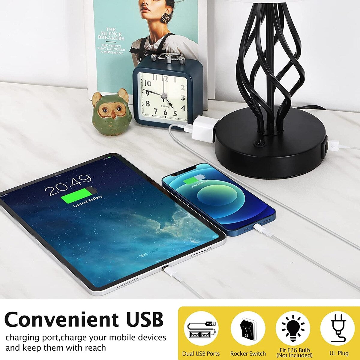 Lot de 2 lampes de chevet avec deux ports de charge USB et une prise secteur