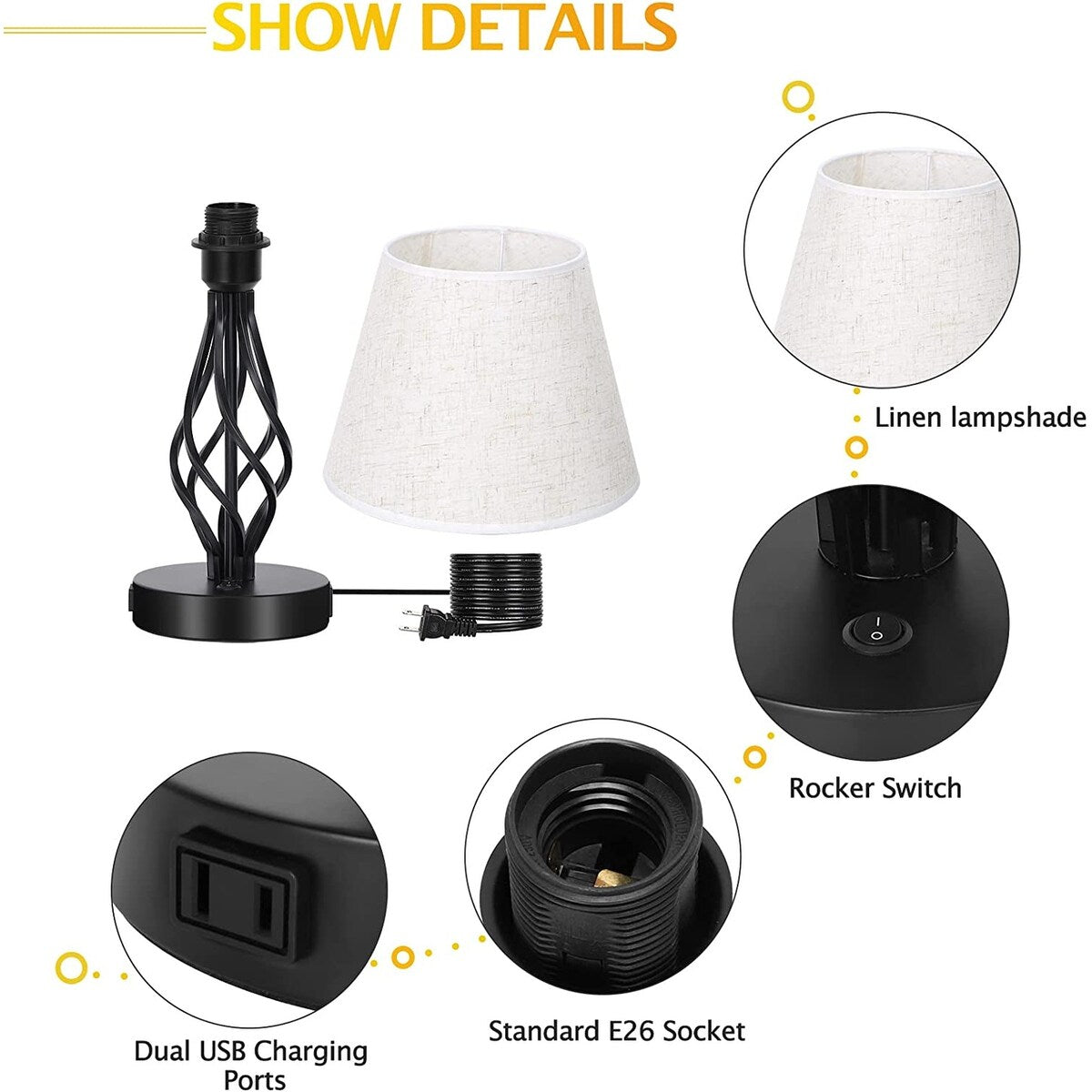 Lot de 2 lampes de chevet avec deux ports de charge USB et une prise secteur