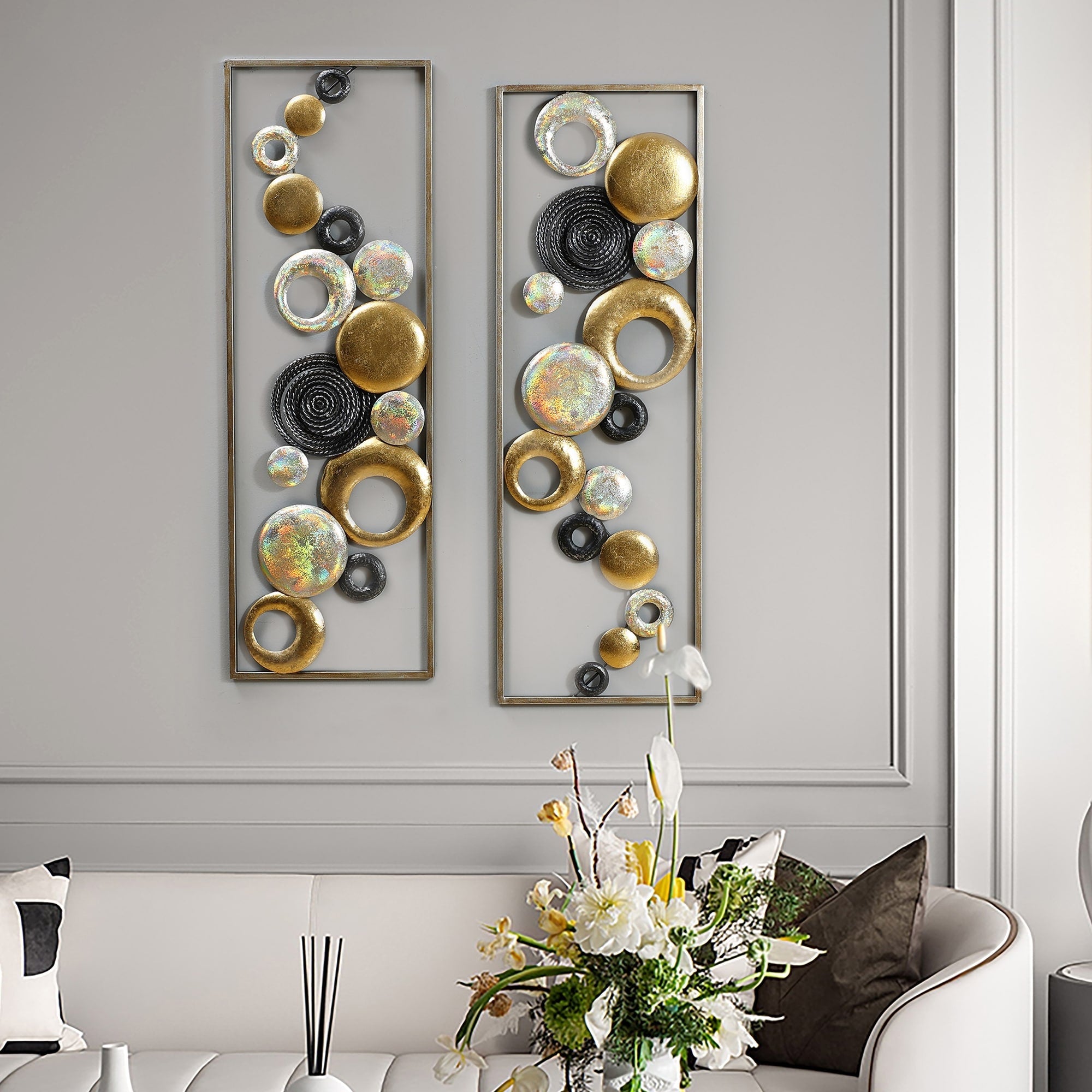 Lot de 2 panneaux muraux décoratifs en métal abstraits multicolores modernes