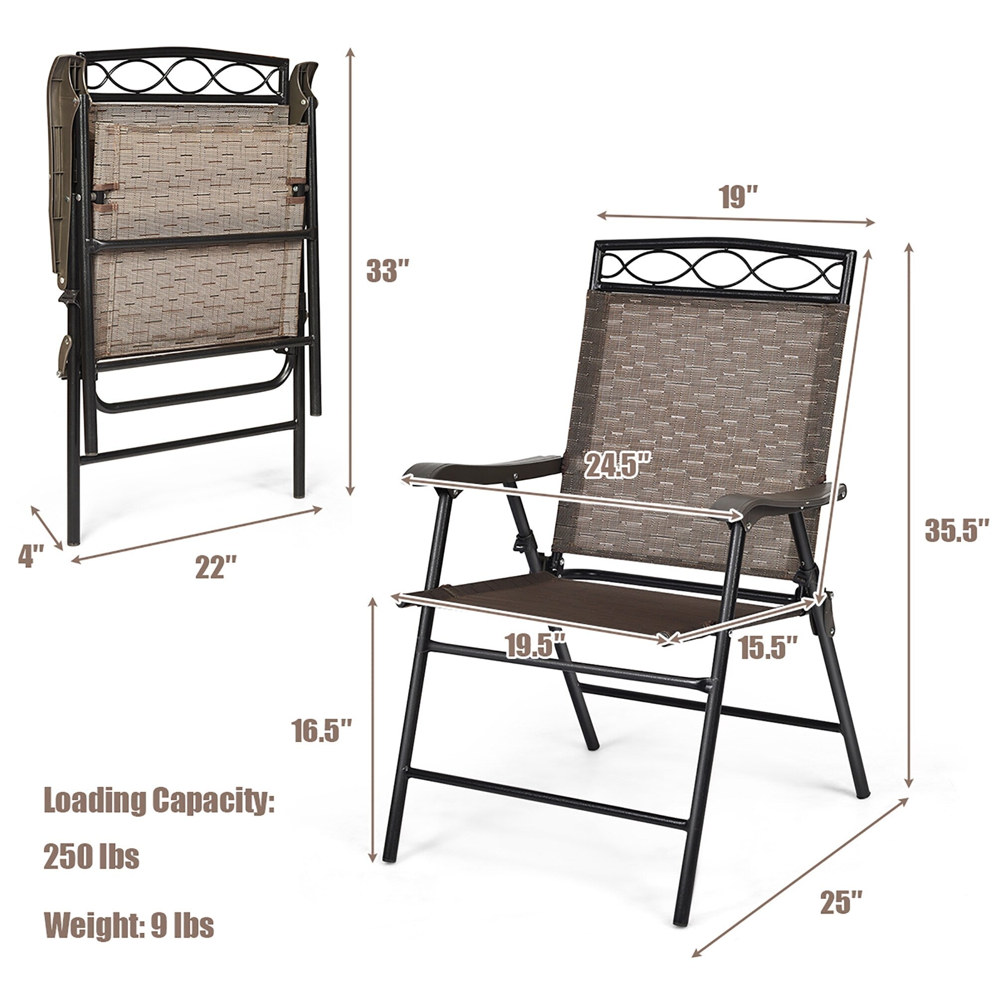 Lot de 2 chaises de jardin pliantes avec cadre en acier