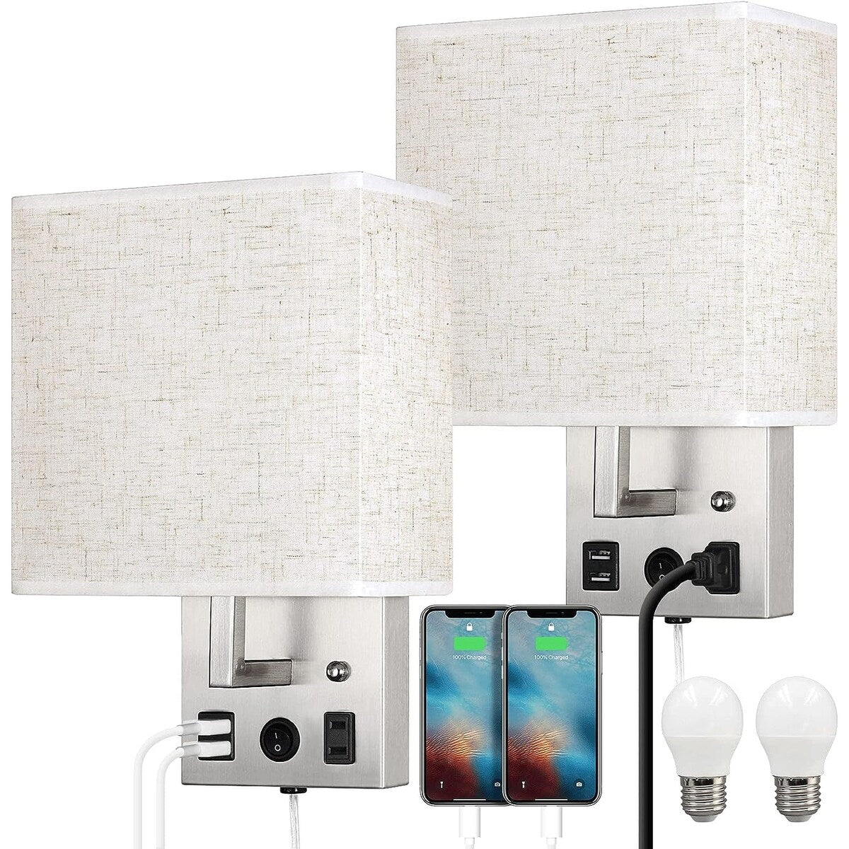 Lot de 2 appliques murales avec ports de charge USB et prise secteur