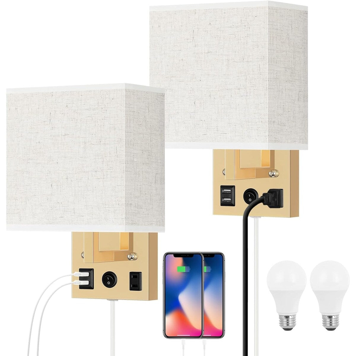 Lot de 2 appliques murales avec ports de charge USB et prise secteur