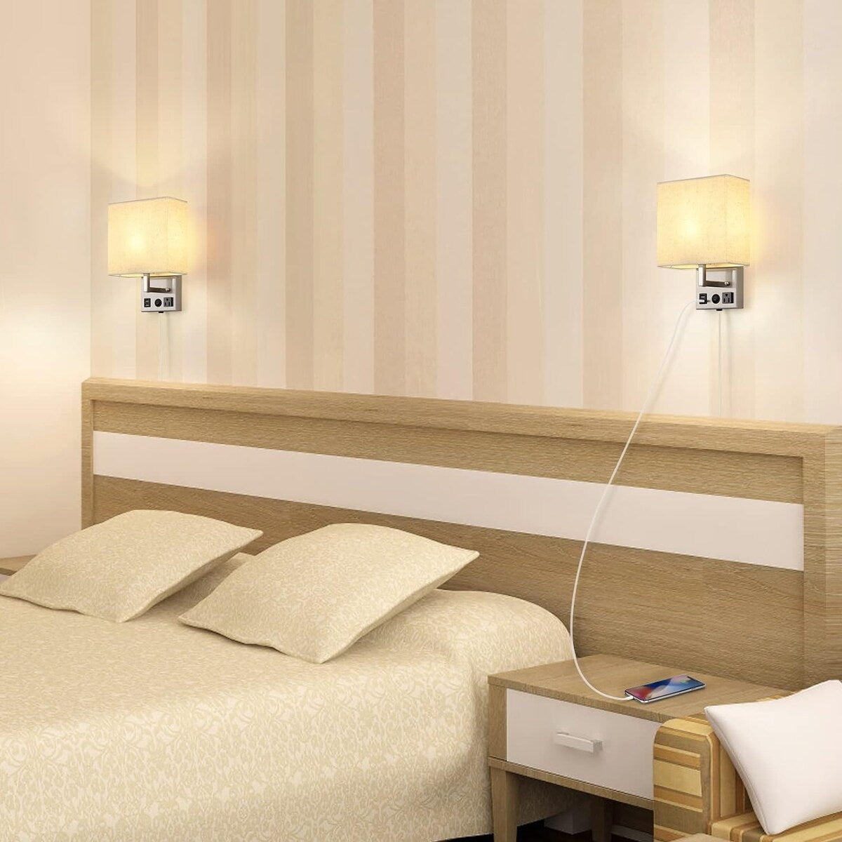 Lot de 2 appliques murales avec ports de charge USB et prise secteur