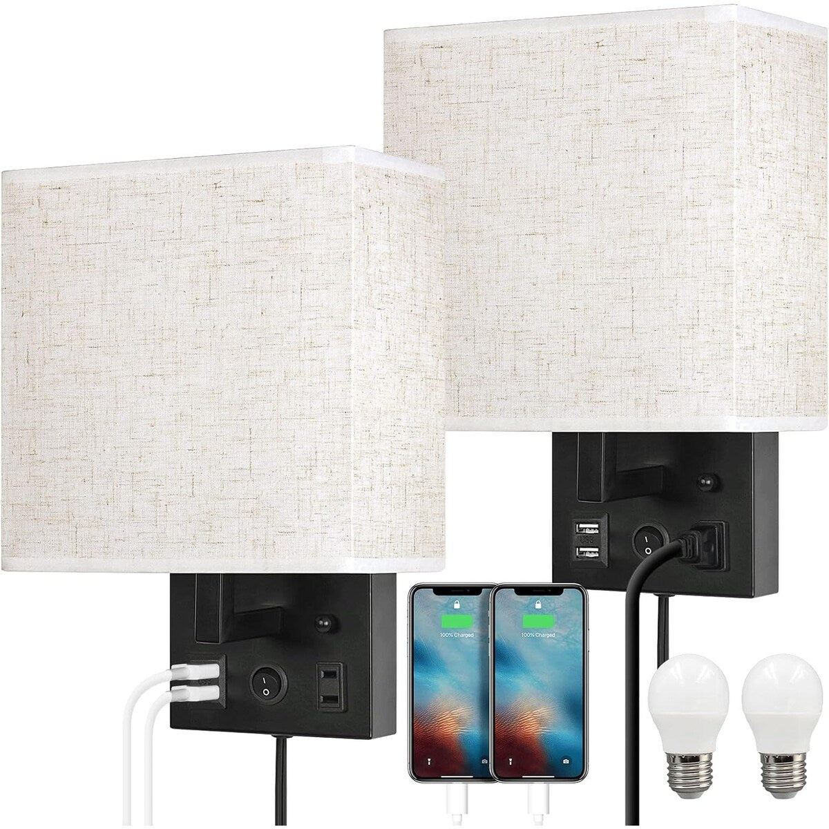Lot de 2 appliques murales avec ports de charge USB et prise secteur