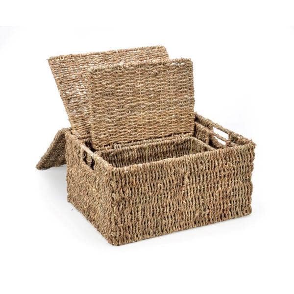 Trademark Innovations Lot de 3 paniers rectangulaires en jonc de mer avec couvercles (petits)