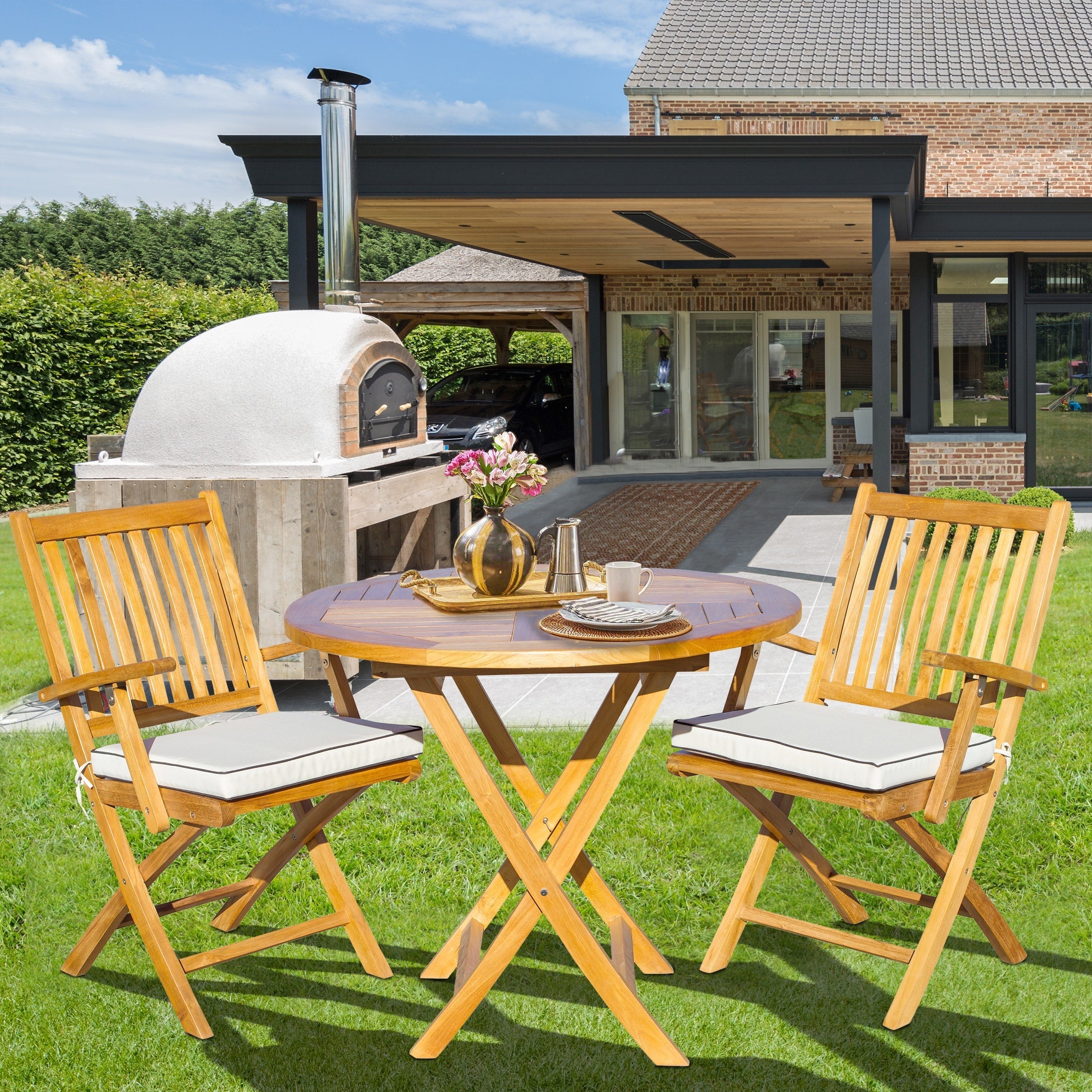 Ensemble de salle à manger bistro Seven Seas Teak 3 pièces en teck pour patio Long Beach, table ronde pliante de 36 po avec 2 fauteuils pliants