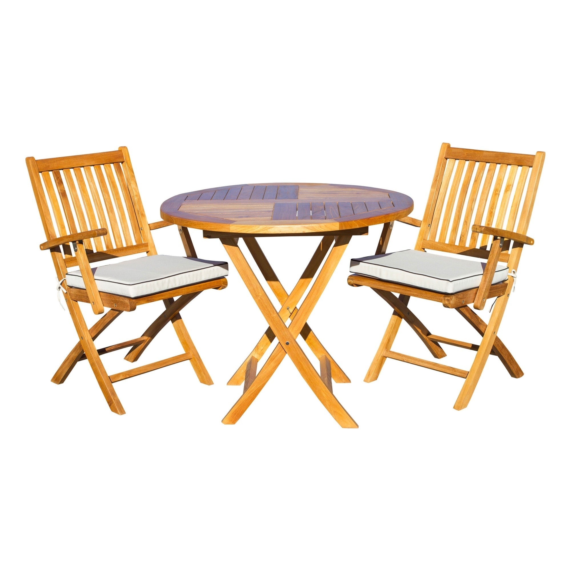 Ensemble de salle à manger bistro Seven Seas Teak 3 pièces en teck pour patio Long Beach, table ronde pliante de 36 po avec 2 fauteuils pliants