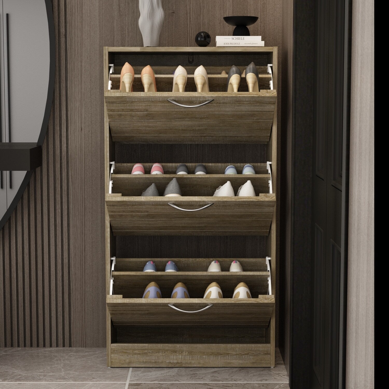 Meuble à chaussures étroit avec 3 portes rabattables, gain de place, 3 couleurs