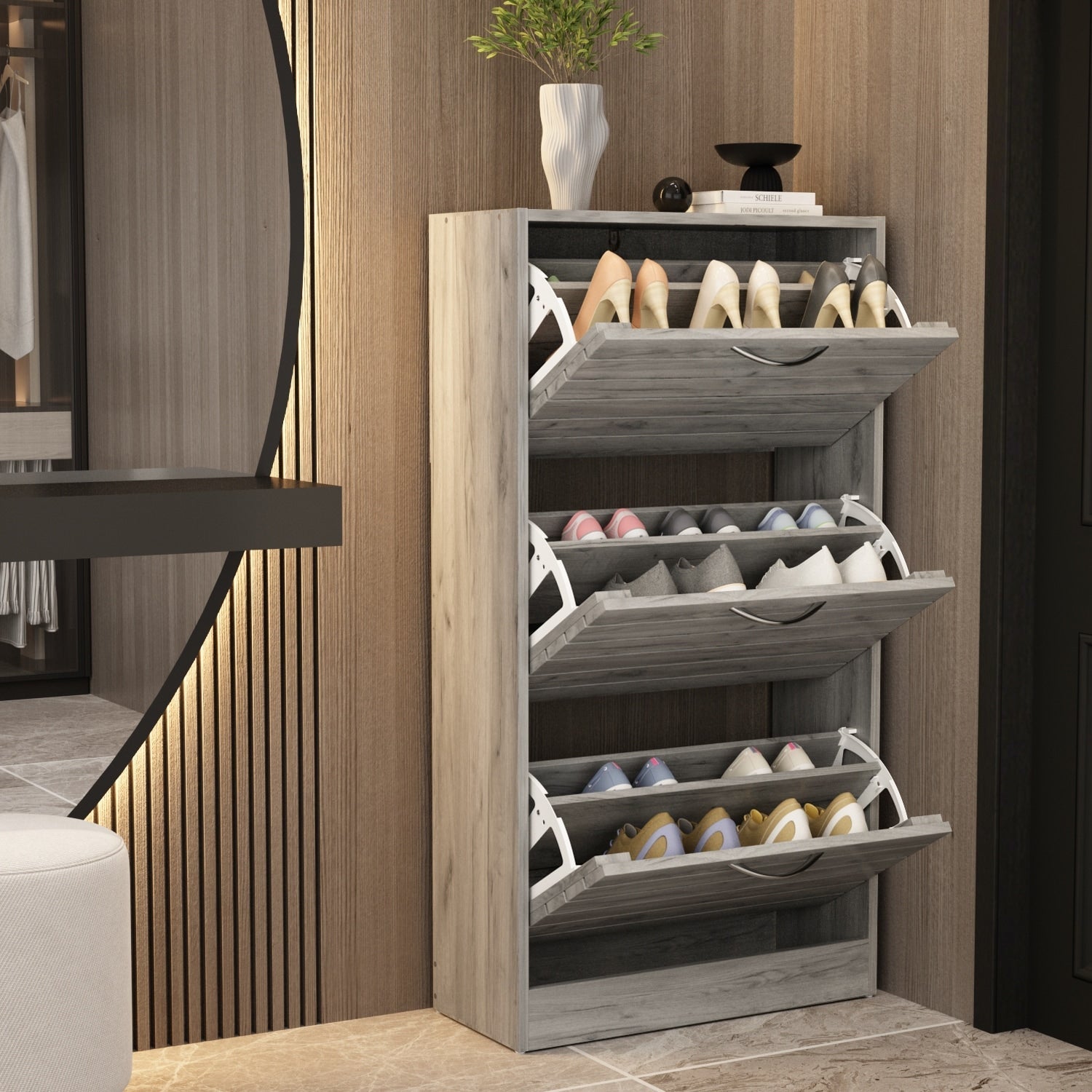 Meuble à chaussures étroit avec 3 portes rabattables, gain de place, 3 couleurs