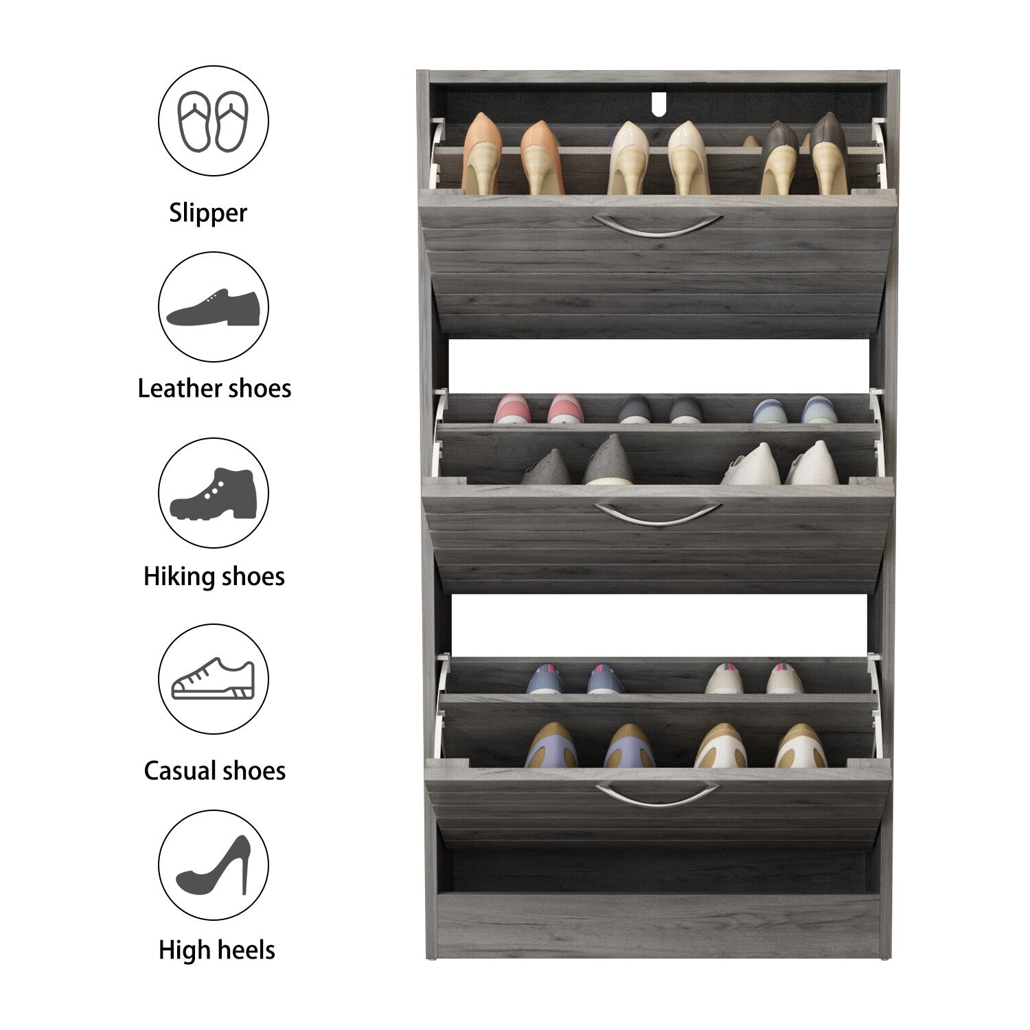 Meuble à chaussures étroit avec 3 portes rabattables, gain de place, 3 couleurs