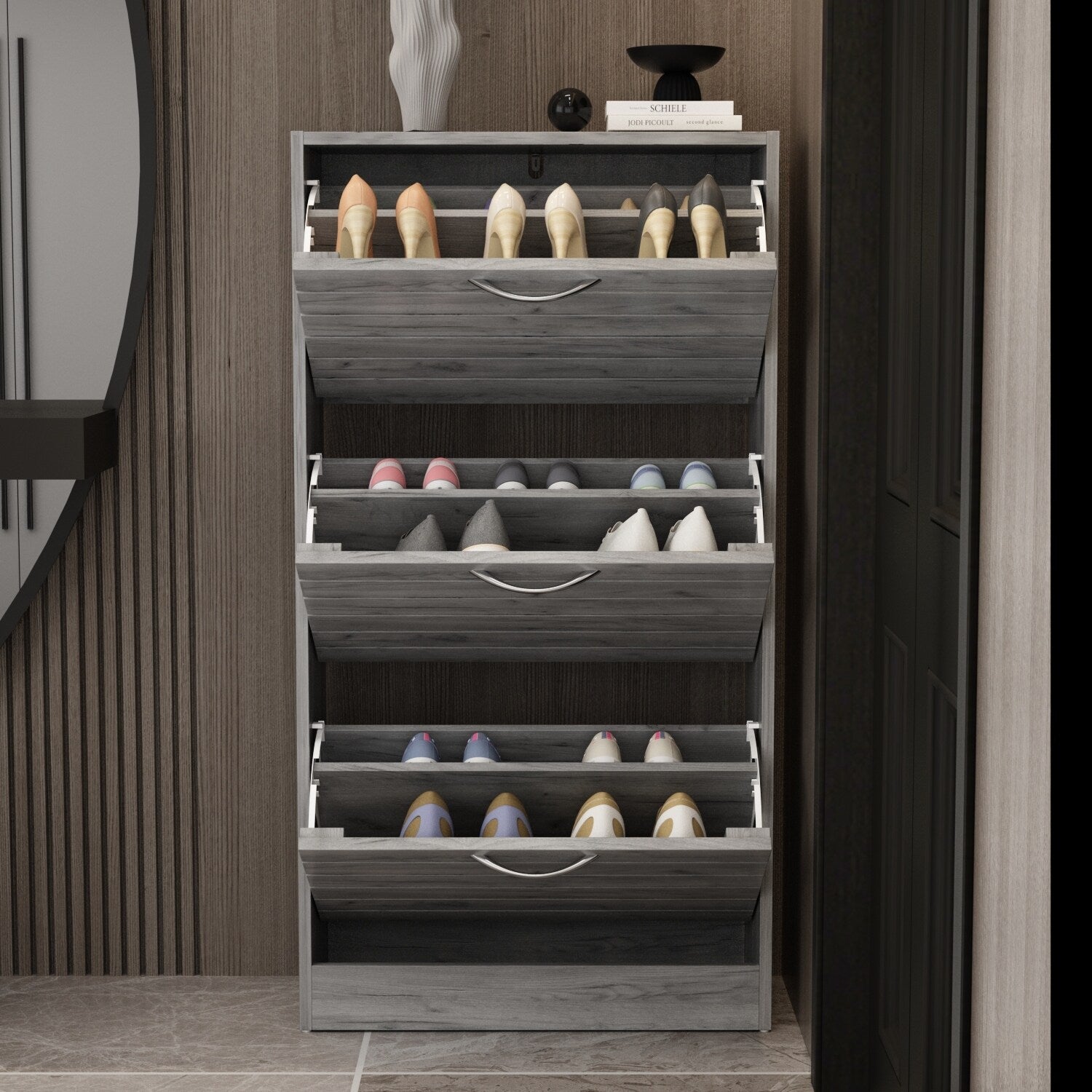 Meuble à chaussures étroit avec 3 portes rabattables, gain de place, 3 couleurs
