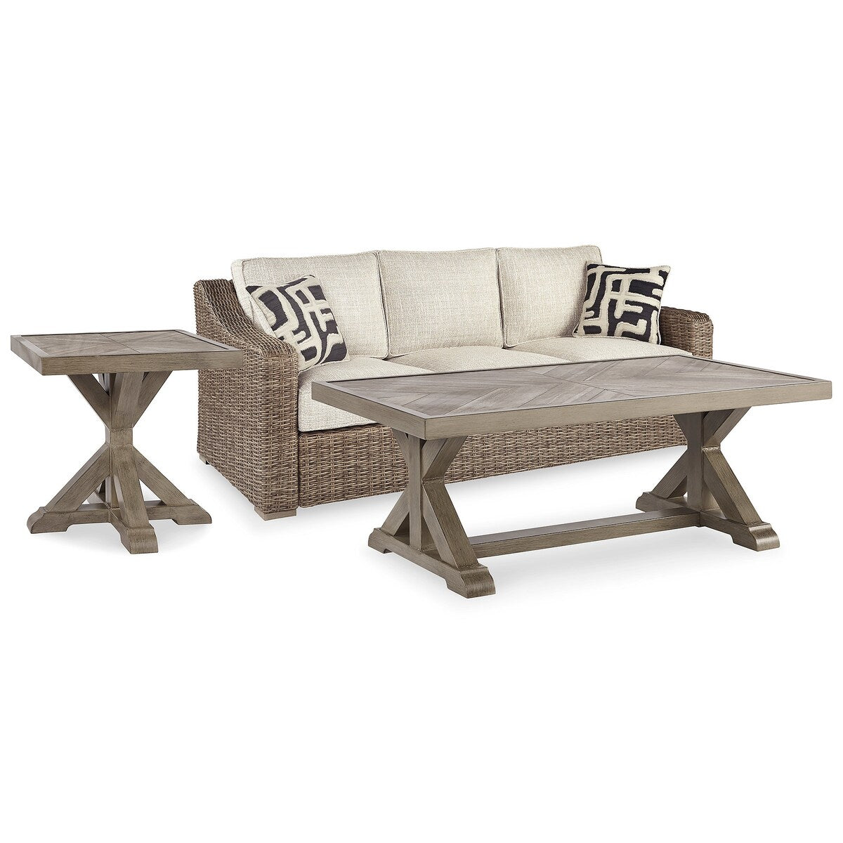 Canapé Beachcroft Nuvella marron/beige avec table basse et table d'appoint - 83 L x 37 P x 36 H