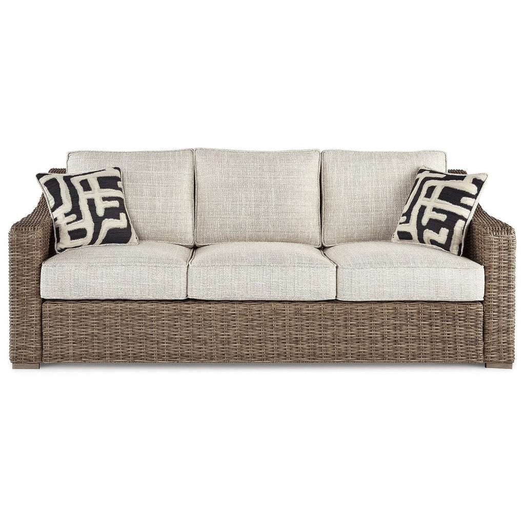 Canapé Beachcroft Nuvella marron/beige avec table basse et table d'appoint - 83 L x 37 P x 36 H