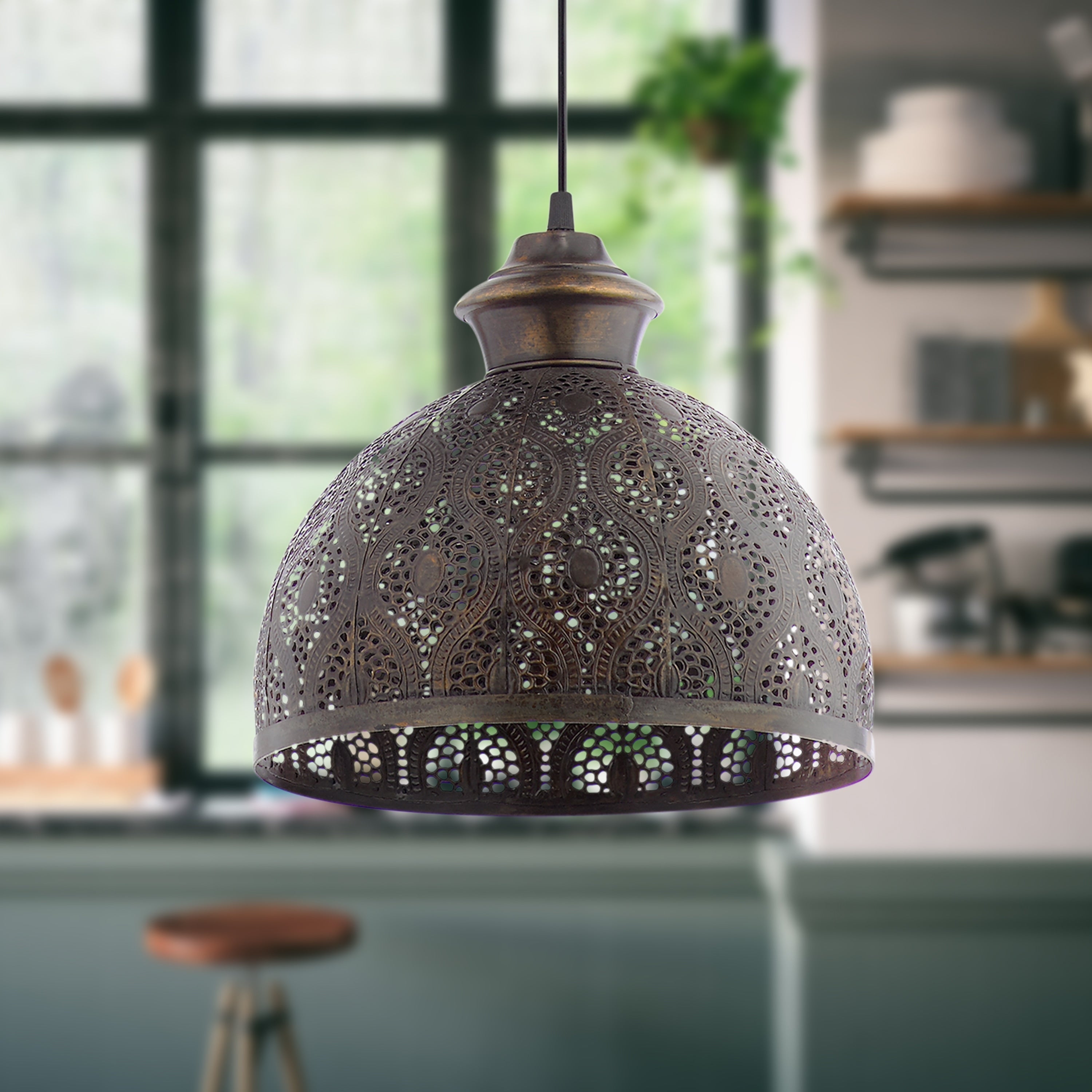 Suspension Sigrid River of Goods en bronze antique avec abat-jour en forme de bol - 11 x 11 x 11,25/70,25
