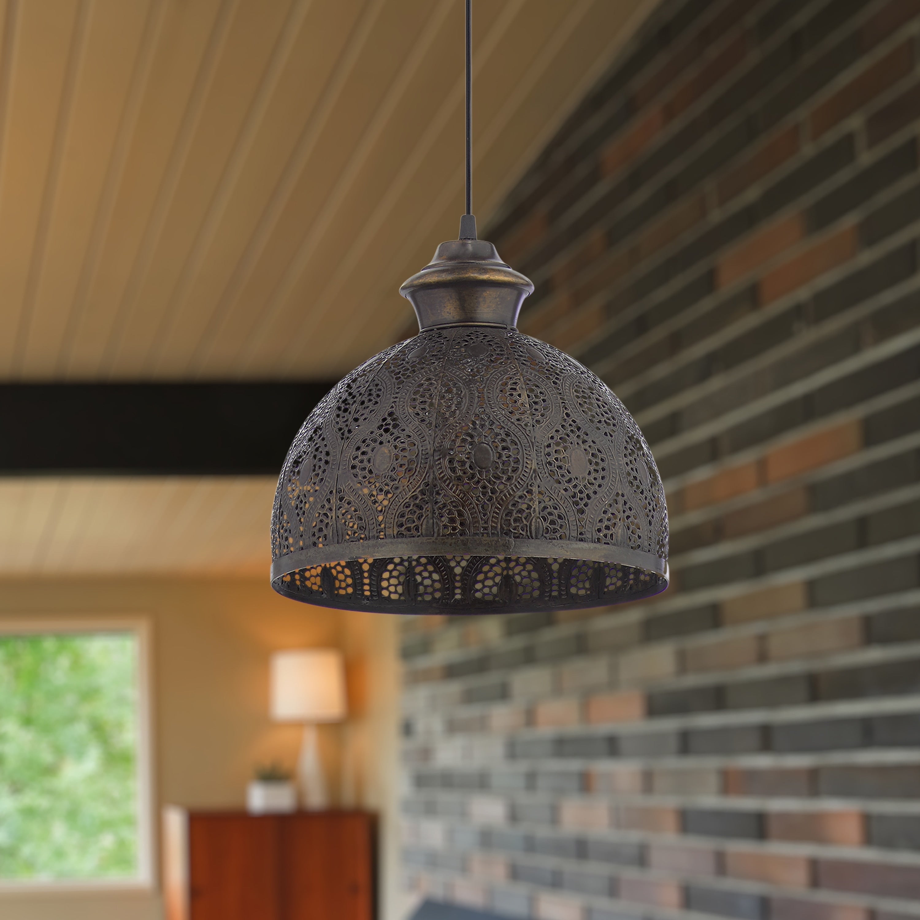 Suspension Sigrid River of Goods en bronze antique avec abat-jour en forme de bol - 11 x 11 x 11,25/70,25
