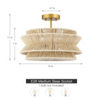 Plafonnier semi-encastré Silvia à 2 lumières en corde tressée de style bohème - 40,6 cm de largeur