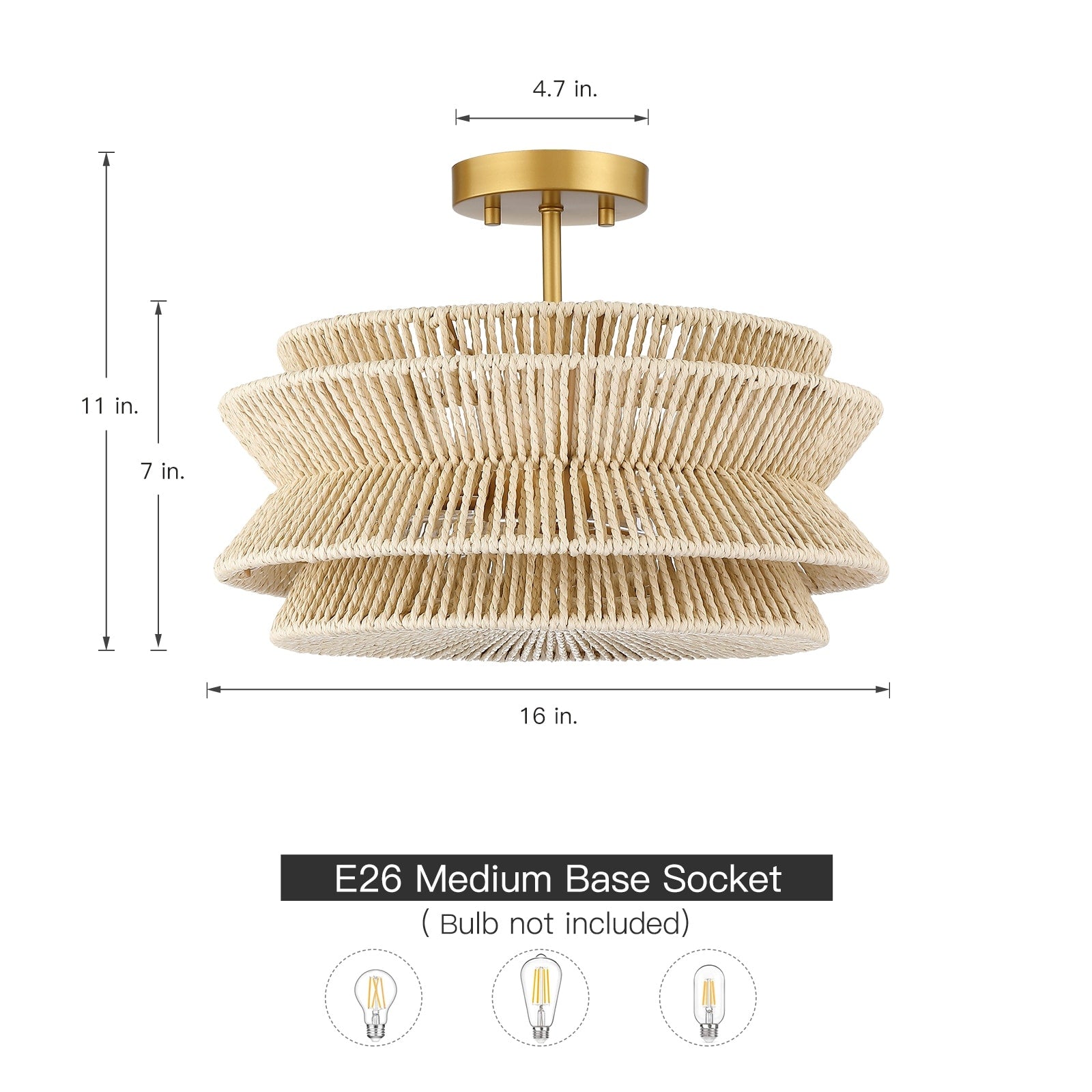 Plafonnier semi-encastré Silvia à 2 lumières en corde tressée de style bohème - 40,6 cm de largeur