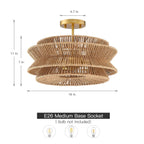 Plafonnier semi-encastré Silvia à 2 lumières en corde tressée de style bohème - 40,6 cm de largeur