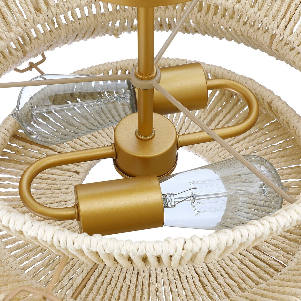 Plafonnier semi-encastré Silvia à 2 lumières en corde tressée de style bohème - 40,6 cm de largeur