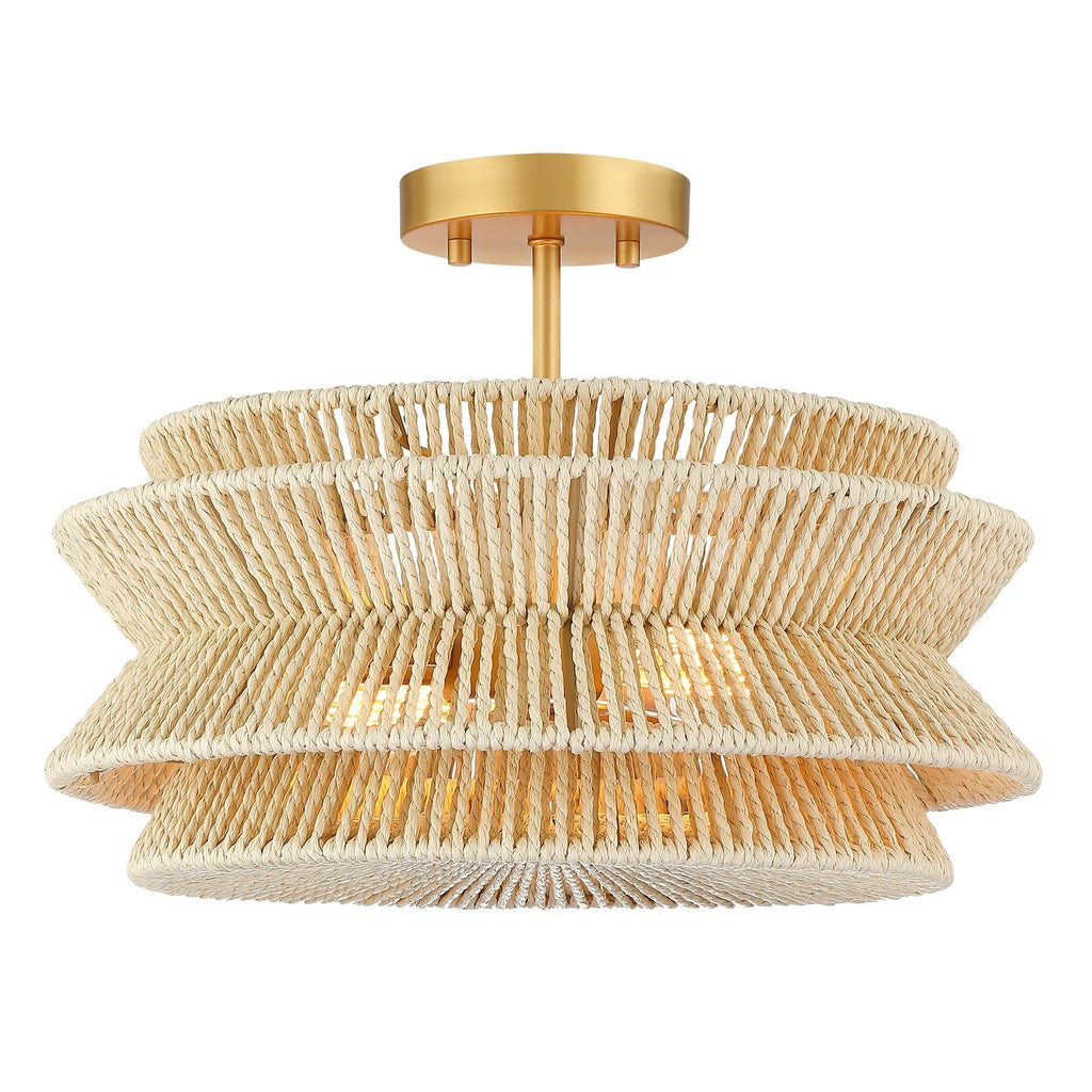 Plafonnier semi-encastré Silvia à 2 lumières en corde tressée de style bohème - 40,6 cm de largeur
