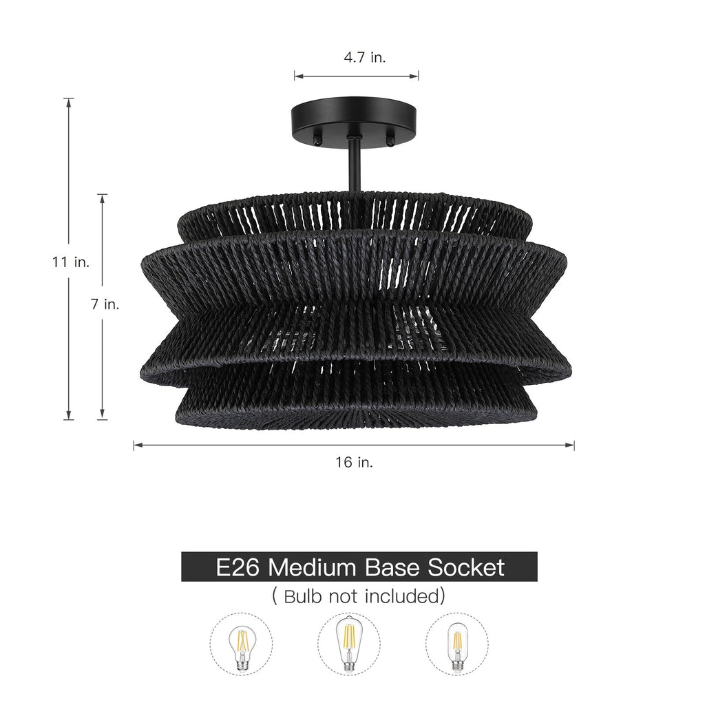 Plafonnier semi-encastré Silvia à 2 lumières en corde tressée de style bohème - 40,6 cm de largeur