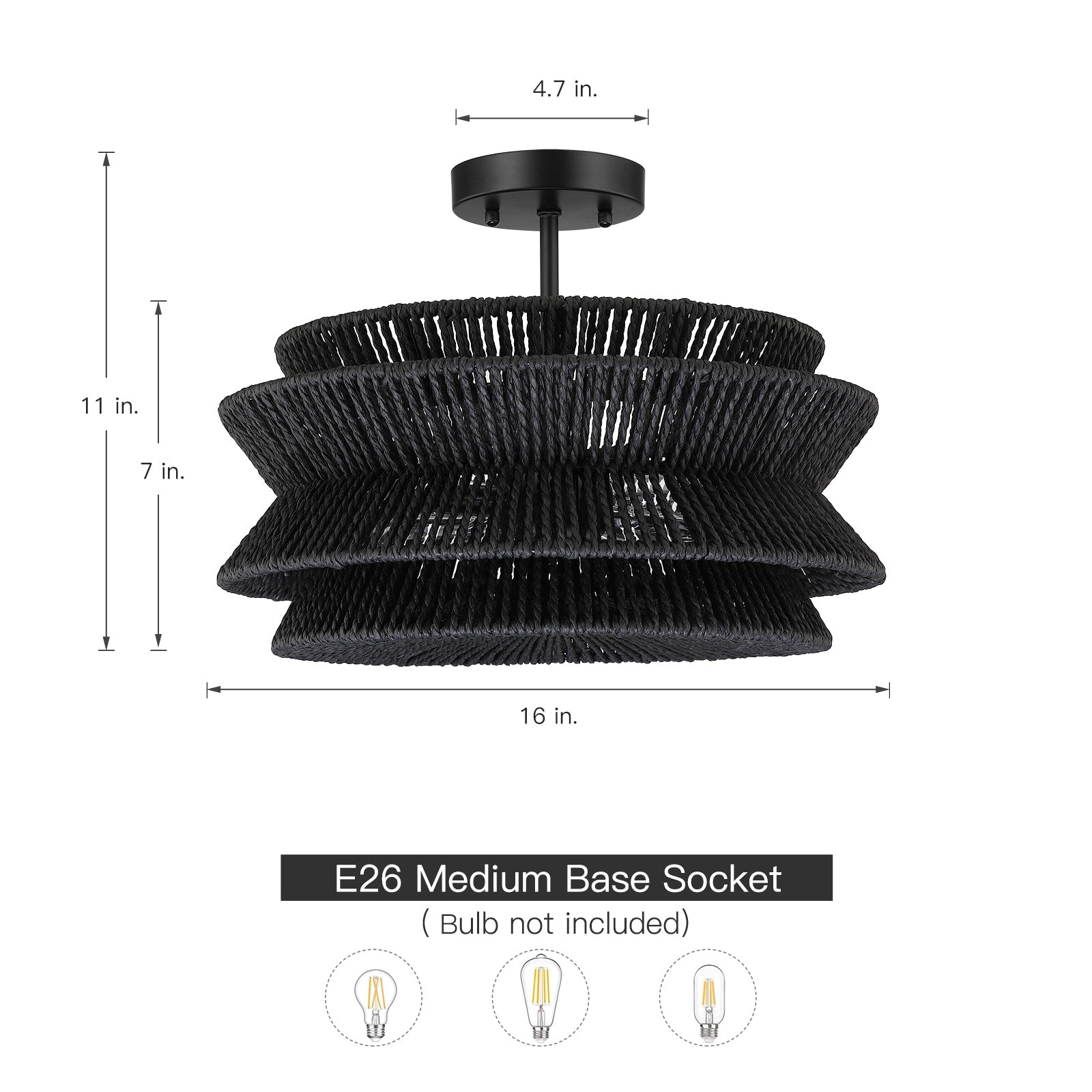 Plafonnier semi-encastré Silvia à 2 lumières en corde tressée de style bohème - 40,6 cm de largeur