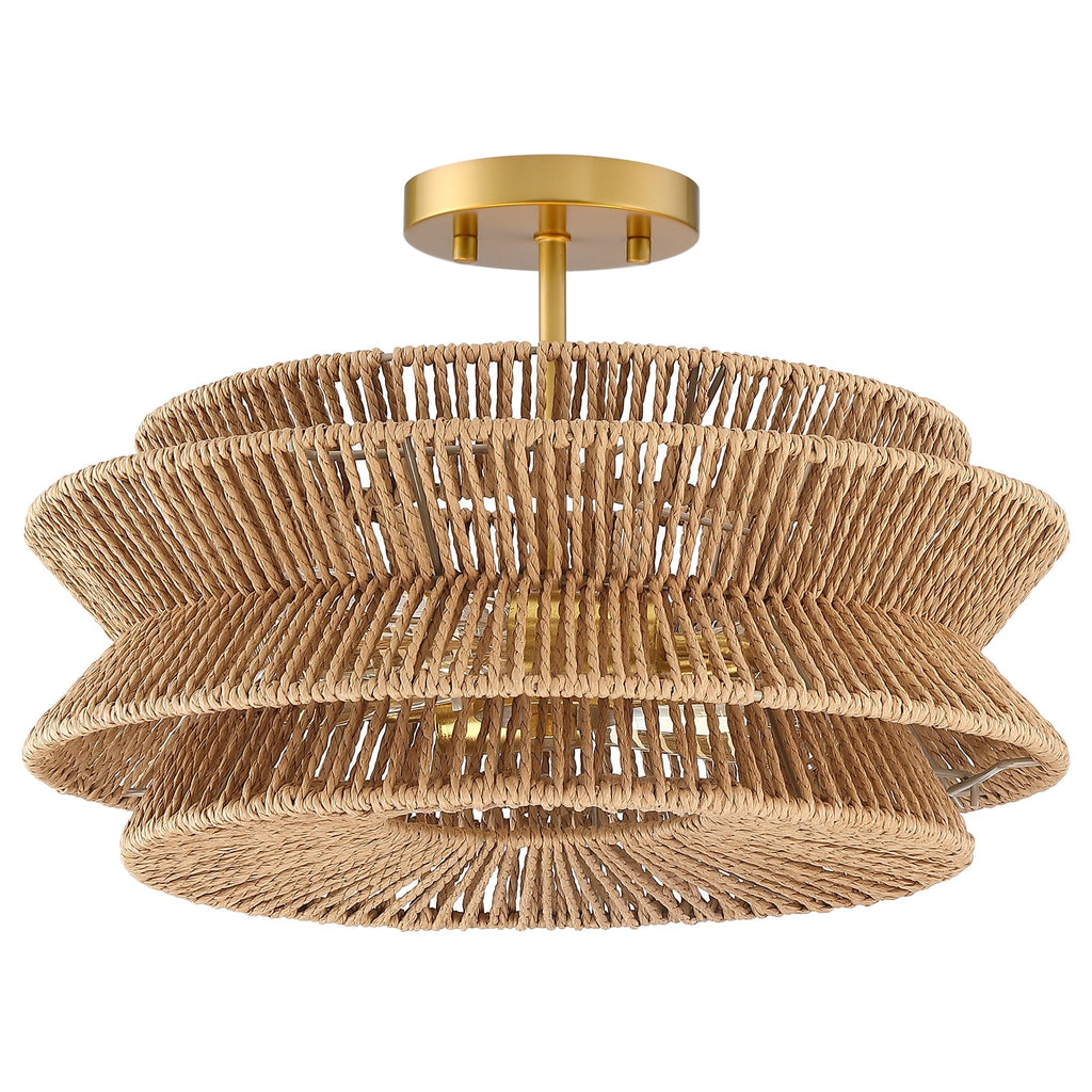 Plafonnier semi-encastré Silvia à 2 lumières en corde tressée de style bohème - 40,6 cm de largeur