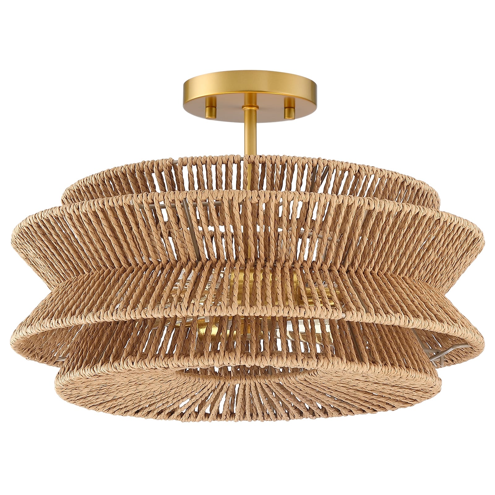 Plafonnier semi-encastré Silvia à 2 lumières en corde tressée de style bohème - 40,6 cm de largeur