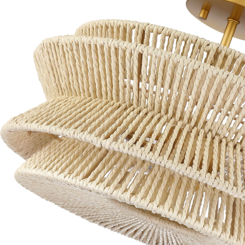 Plafonnier semi-encastré Silvia à 2 lumières en corde tressée de style bohème - 40,6 cm de largeur