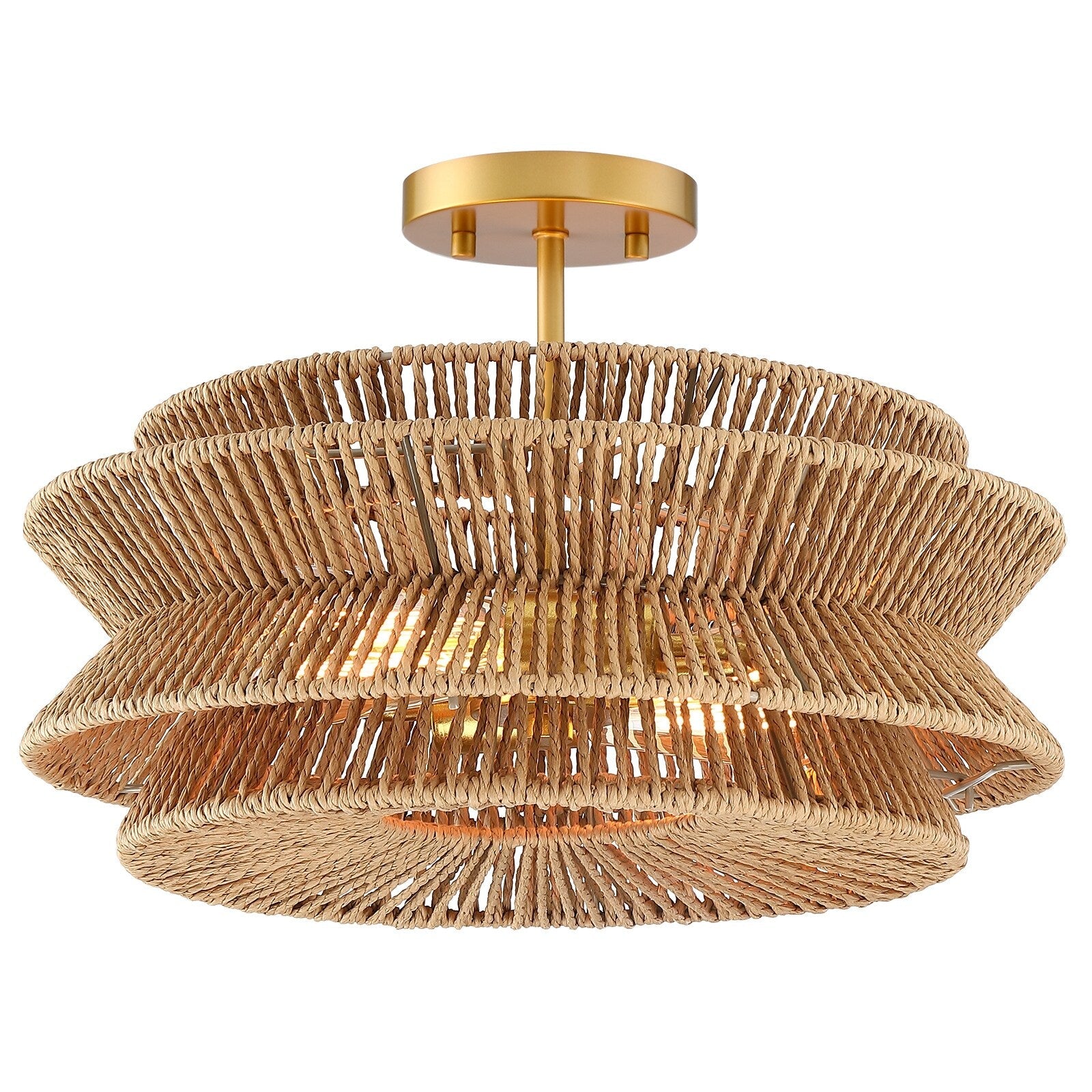 Plafonnier semi-encastré Silvia à 2 lumières en corde tressée de style bohème - 40,6 cm de largeur