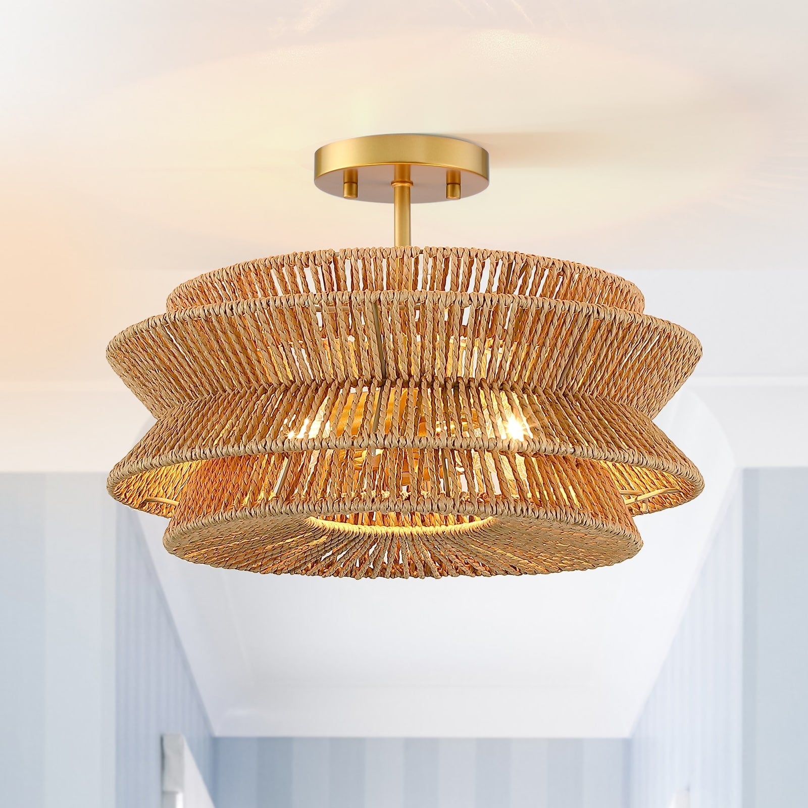 Plafonnier semi-encastré Silvia à 2 lumières en corde tressée de style bohème - 40,6 cm de largeur