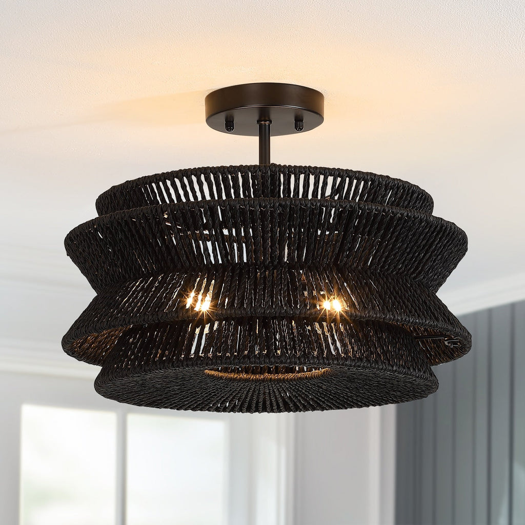 Plafonnier semi-encastré Silvia à 2 lumières en corde tressée de style bohème - 40,6 cm de largeur