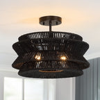 Plafonnier semi-encastré Silvia à 2 lumières en corde tressée de style bohème - 40,6 cm de largeur