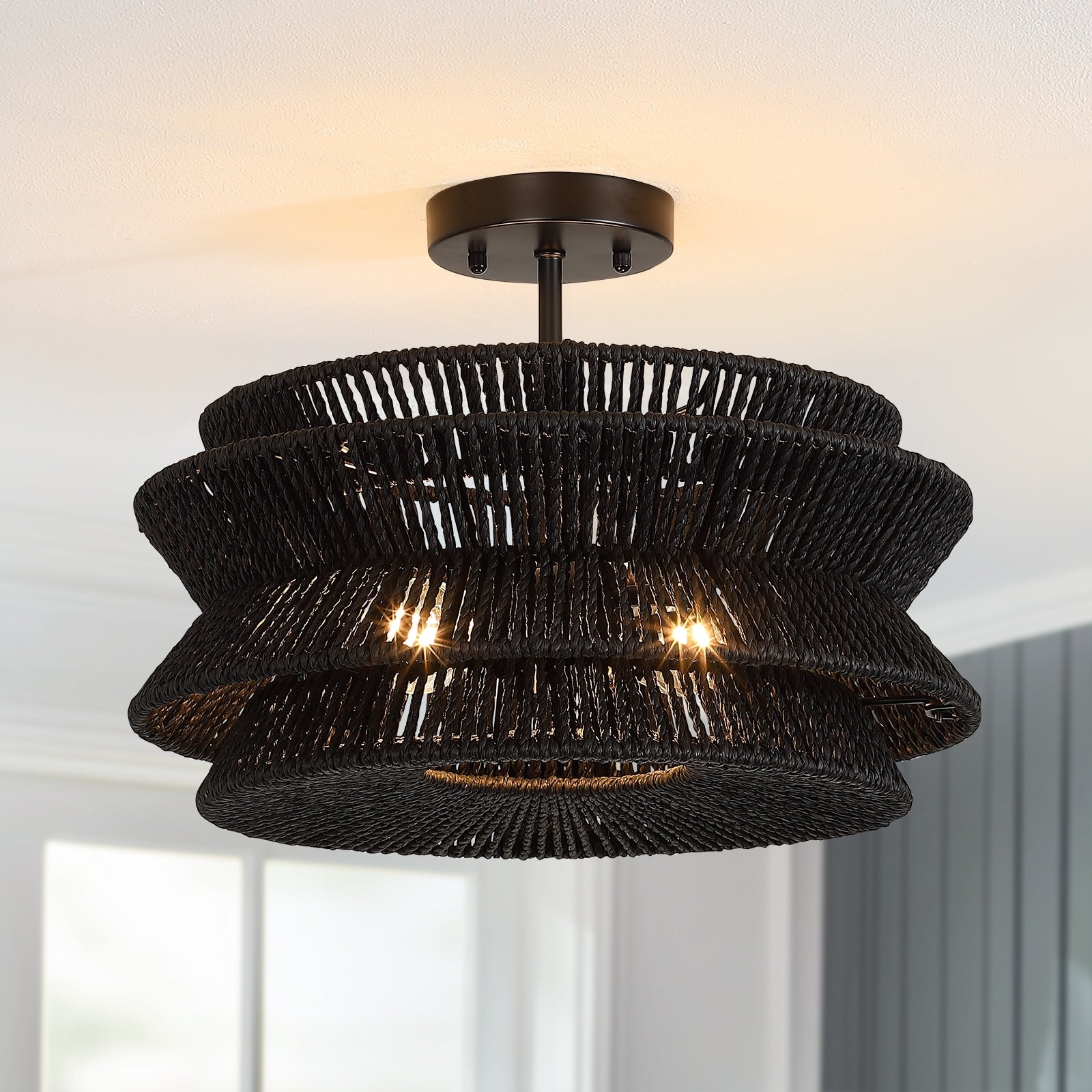 Plafonnier semi-encastré Silvia à 2 lumières en corde tressée de style bohème - 40,6 cm de largeur