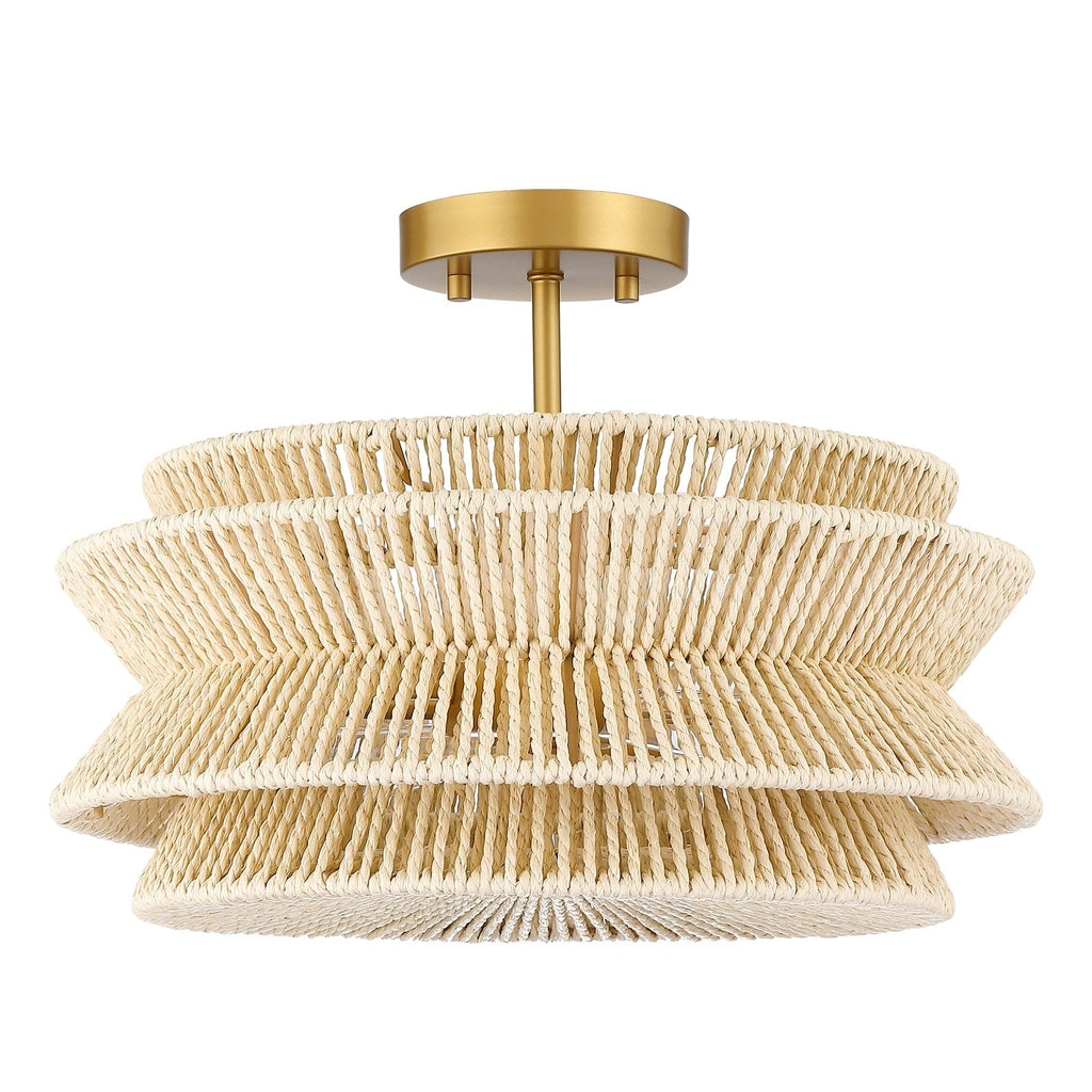 Plafonnier semi-encastré Silvia à 2 lumières en corde tressée de style bohème - 40,6 cm de largeur