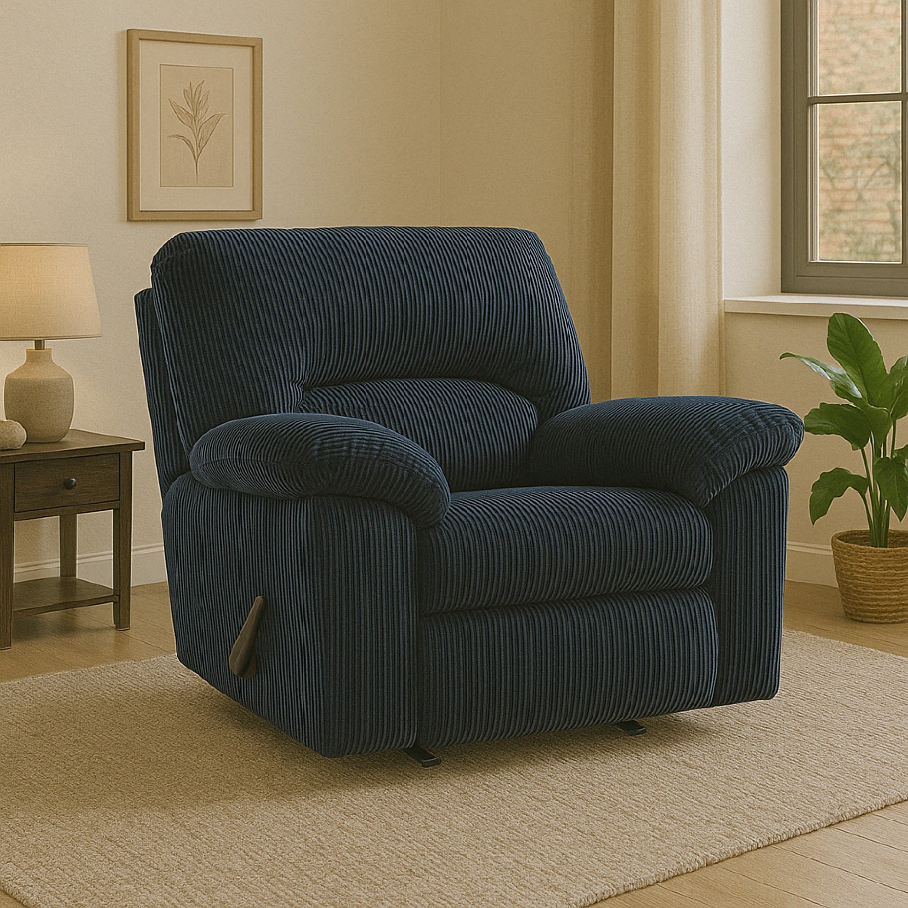 Fauteuil inclinable à bascule Simy, accoudoirs coussinés, velours côtelé bleu marine foncé