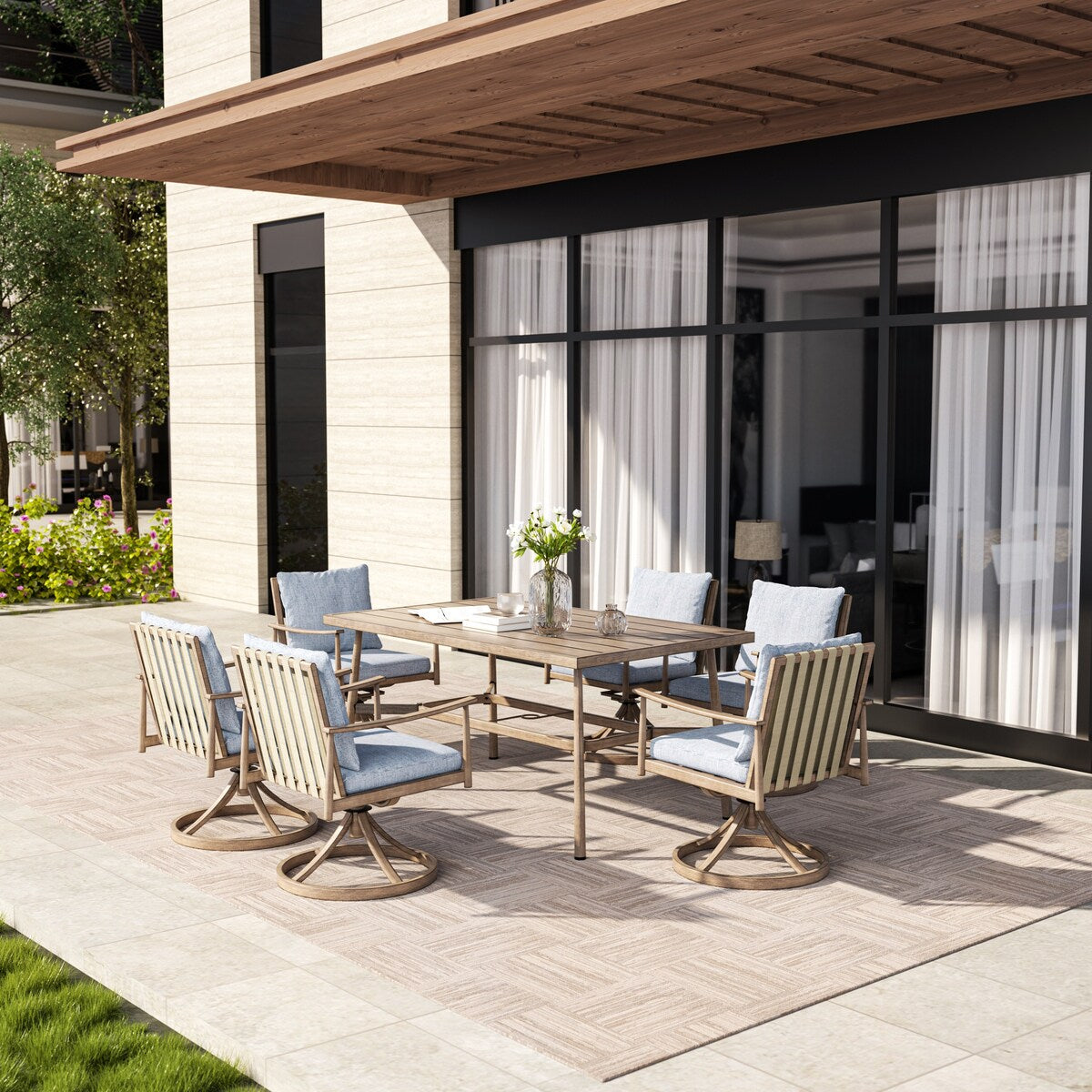 Ensemble de salle à manger de patio SleekLine 7 pièces en aluminium avec dossier en sangle et coussins amovibles