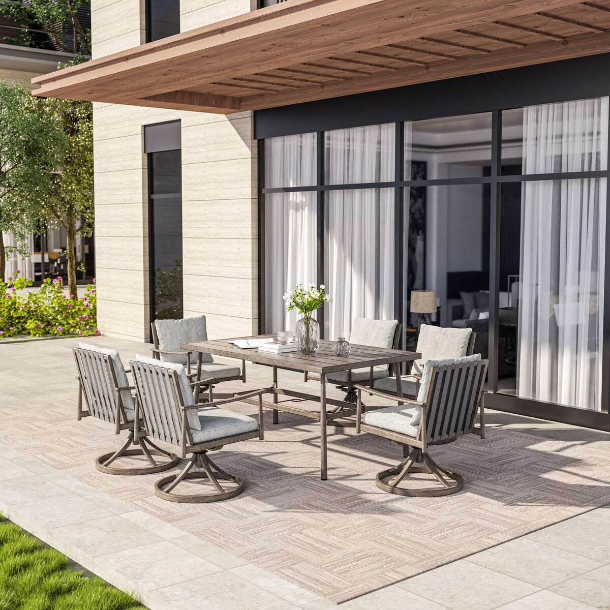 Ensemble de salle à manger de patio SleekLine 7 pièces en aluminium avec dossier en sangle et coussins amovibles