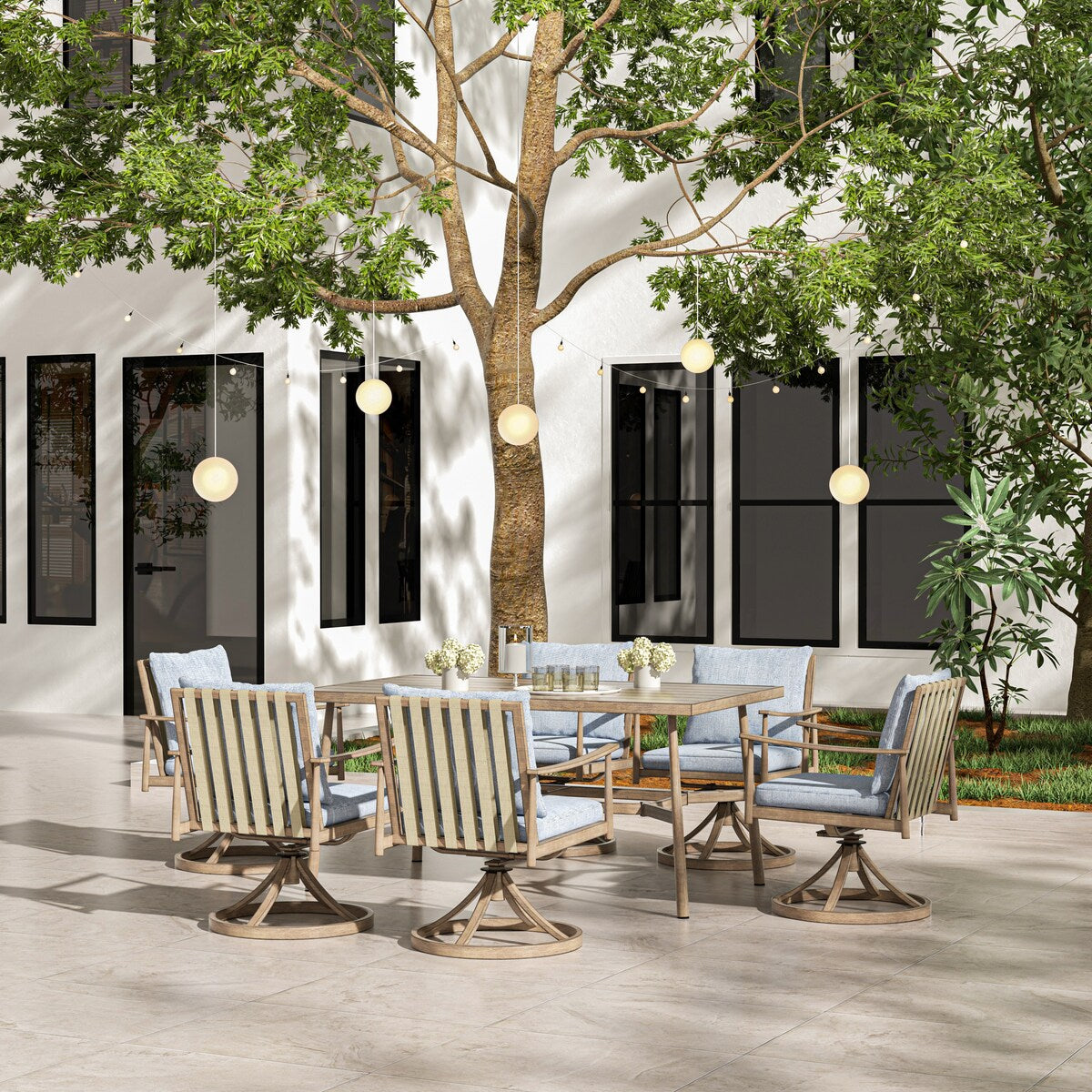 Ensemble de salle à manger de patio SleekLine 7 pièces en aluminium avec dossier en sangle et coussins amovibles