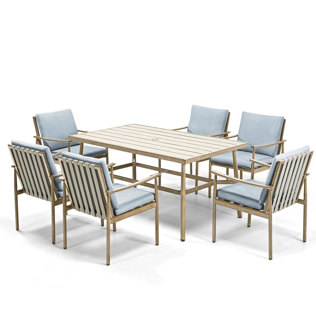 Ensemble de salle à manger de patio SleekLine 7 pièces en aluminium avec dossier en sangle et coussins amovibles
