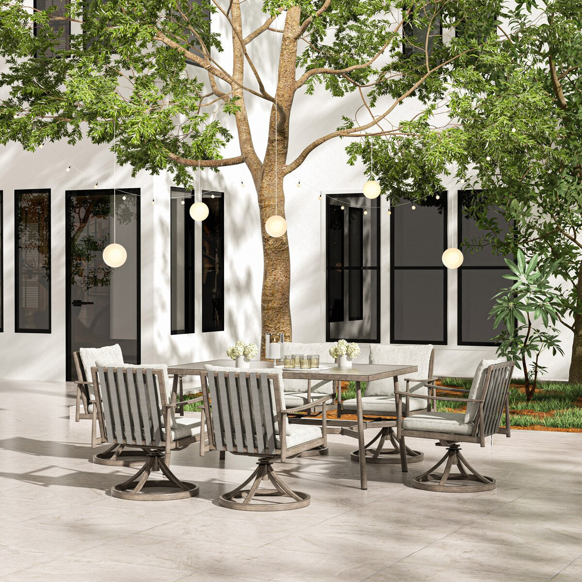 Ensemble de salle à manger de patio SleekLine 7 pièces en aluminium avec dossier en sangle et coussins amovibles
