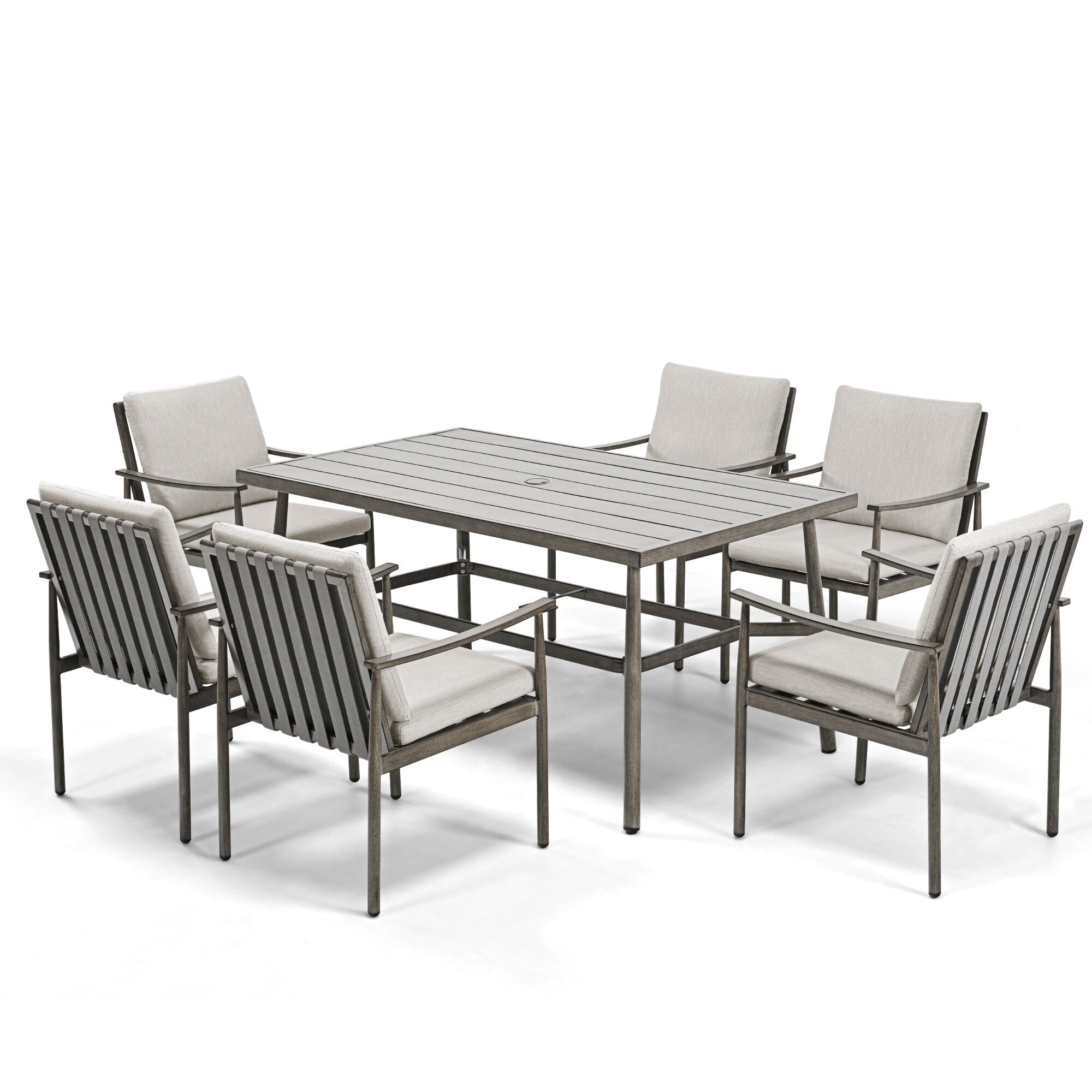 Ensemble de salle à manger de patio SleekLine 7 pièces en aluminium avec dossier en sangle et coussins amovibles