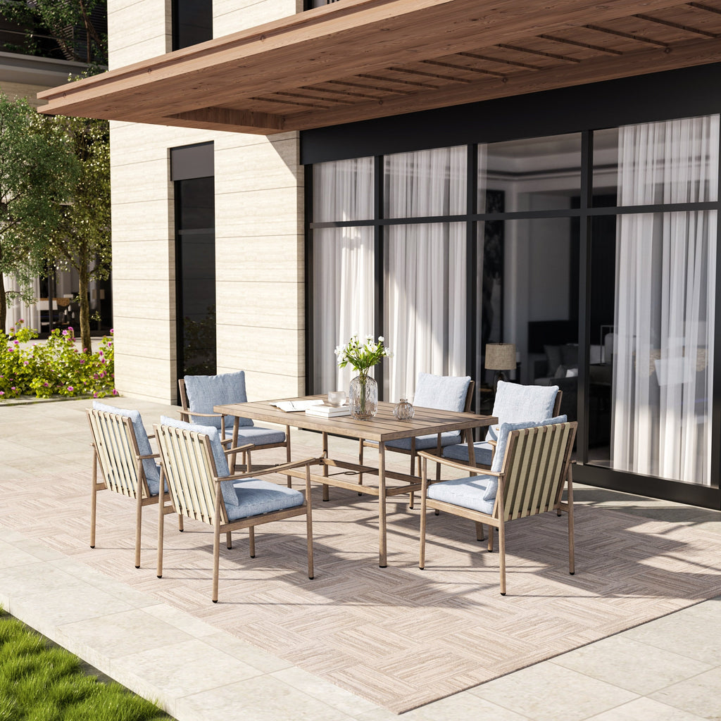 Ensemble de salle à manger de patio SleekLine 7 pièces en aluminium avec dossier en sangle et coussins amovibles