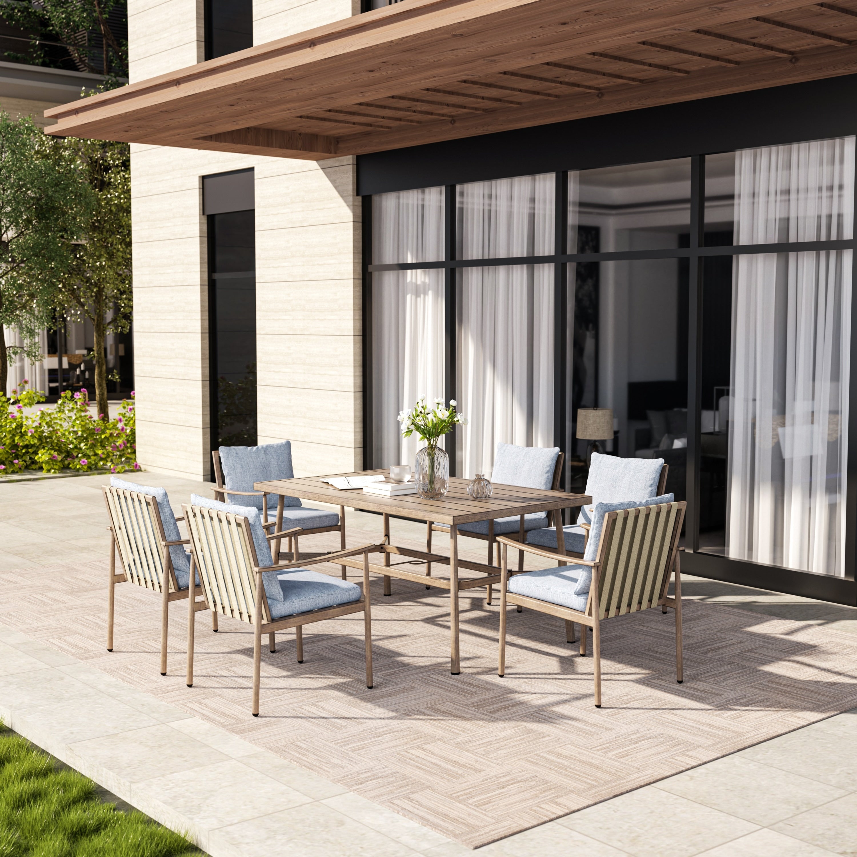Ensemble de salle à manger de patio SleekLine 7 pièces en aluminium avec dossier en sangle et coussins amovibles