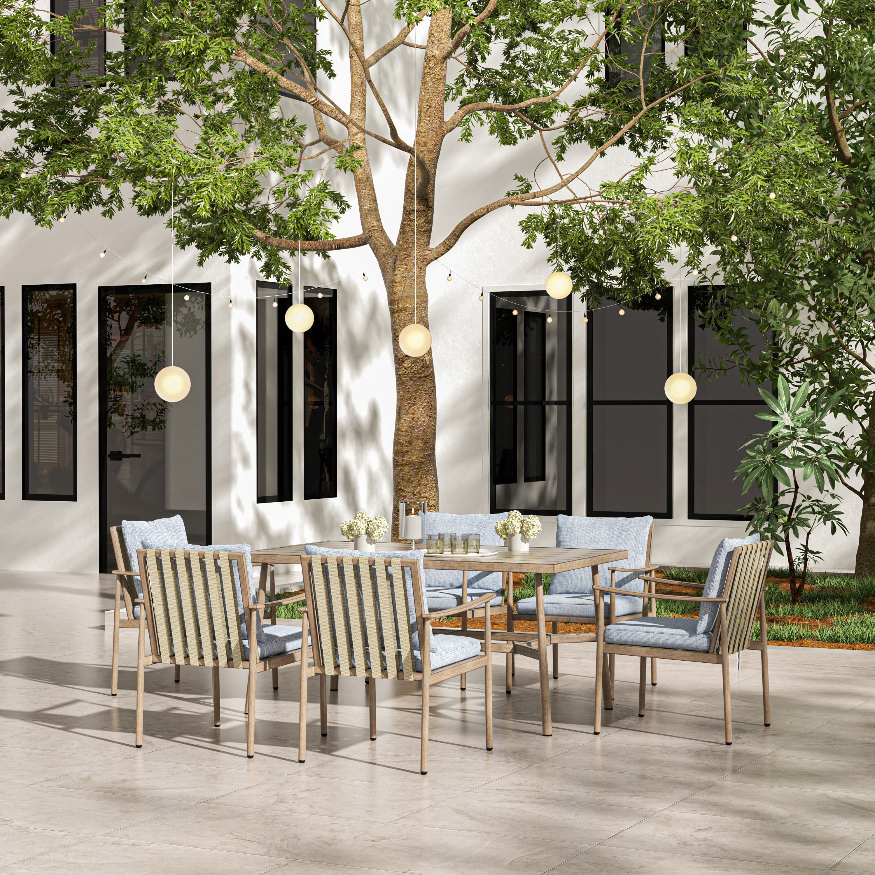 Ensemble de salle à manger de patio SleekLine 7 pièces en aluminium avec dossier en sangle et coussins amovibles