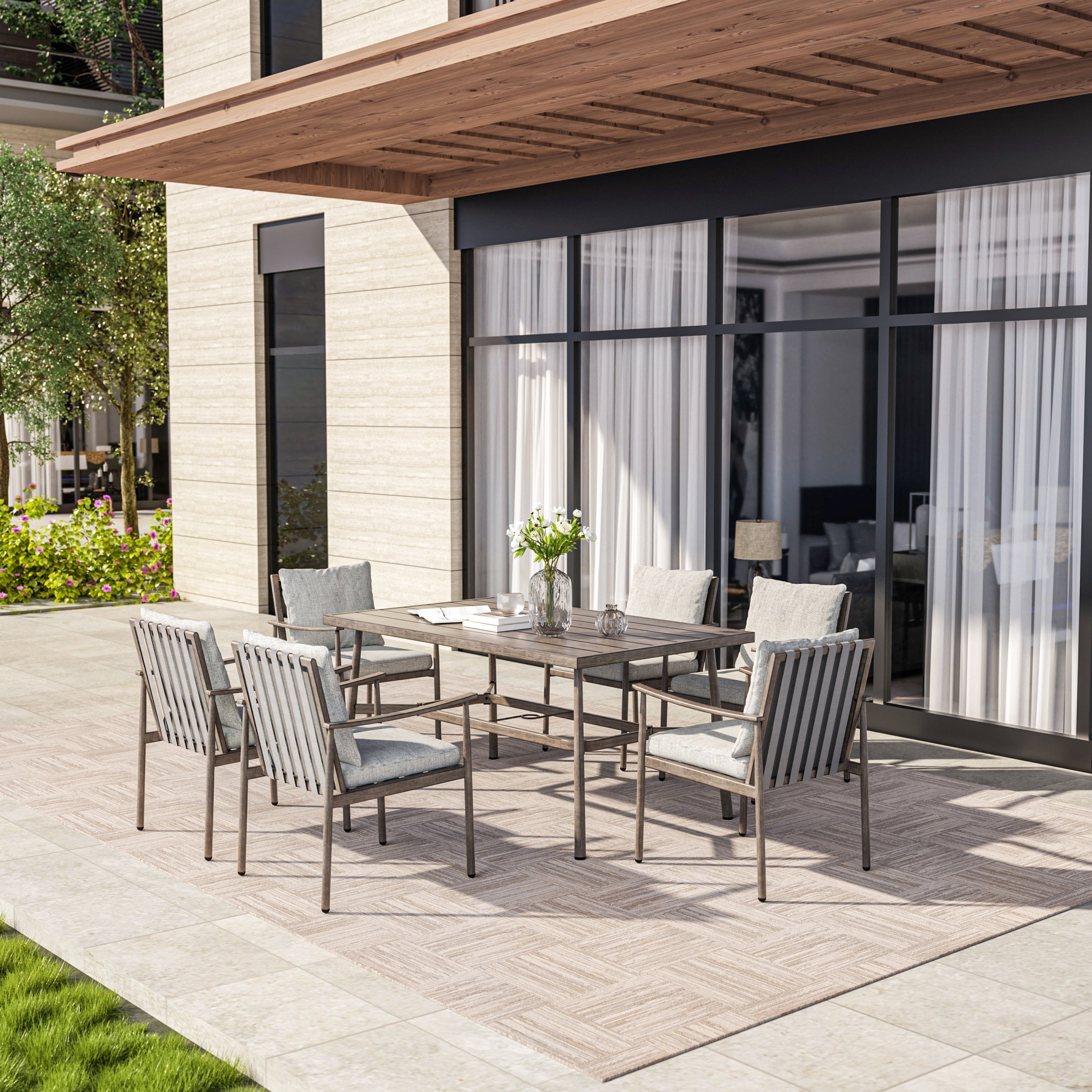 Ensemble de salle à manger de patio SleekLine 7 pièces en aluminium avec dossier en sangle et coussins amovibles