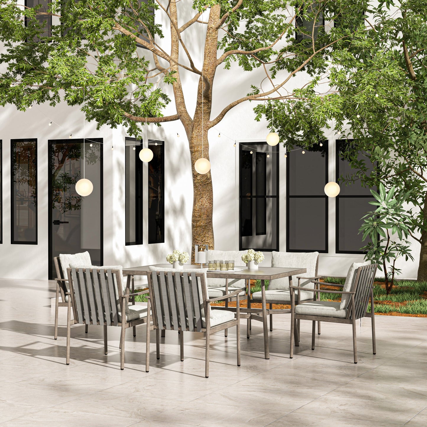 Ensemble de salle à manger de patio SleekLine 7 pièces en aluminium avec dossier en sangle et coussins amovibles