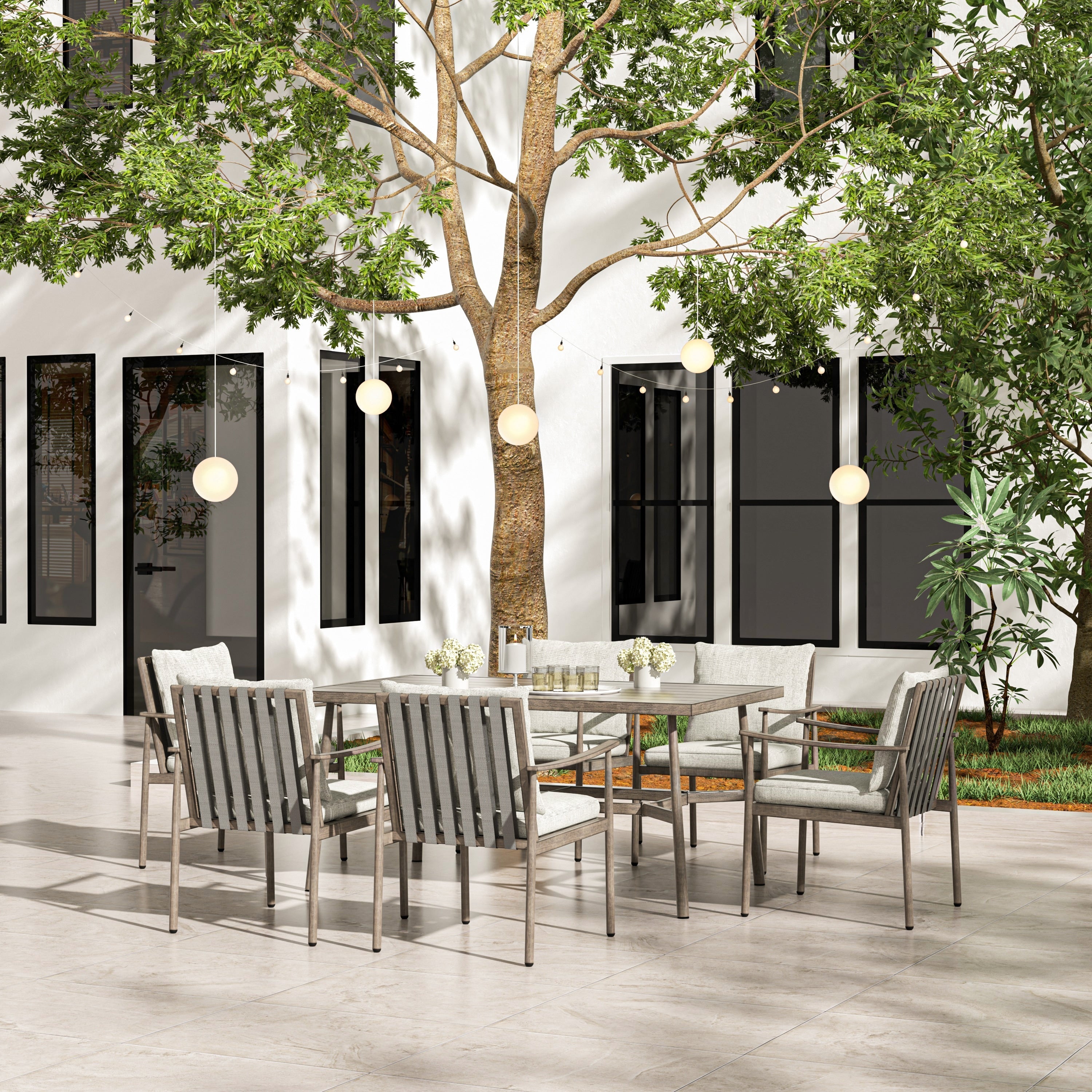 Ensemble de salle à manger de patio SleekLine 7 pièces en aluminium avec dossier en sangle et coussins amovibles